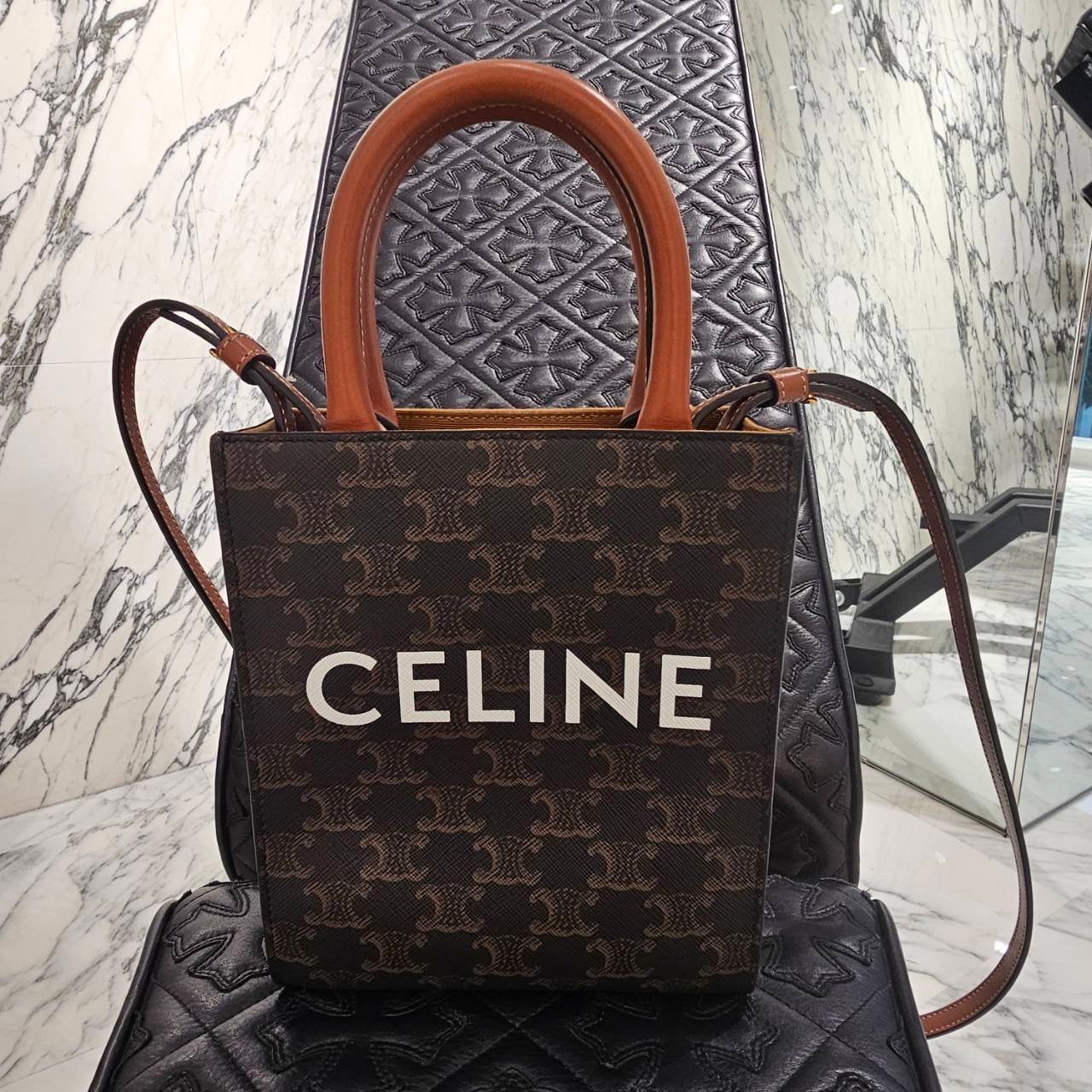 CELINE Mini Vertical Triomphe Canvas Calfskin Shoulder Bag