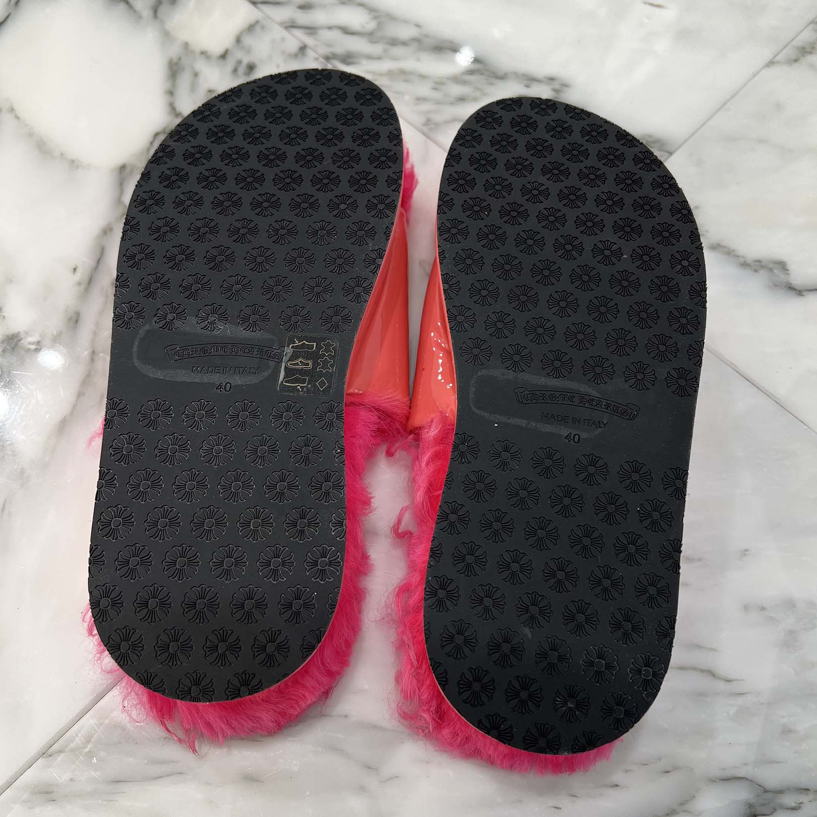 CHROME HEARTS ONLINE Limited Patent Leather Cross Patch Fur Sandals Size 40 クロムハーツ オンライン限定 パテントレザークロスパッチ ファーサンダル サイズ40