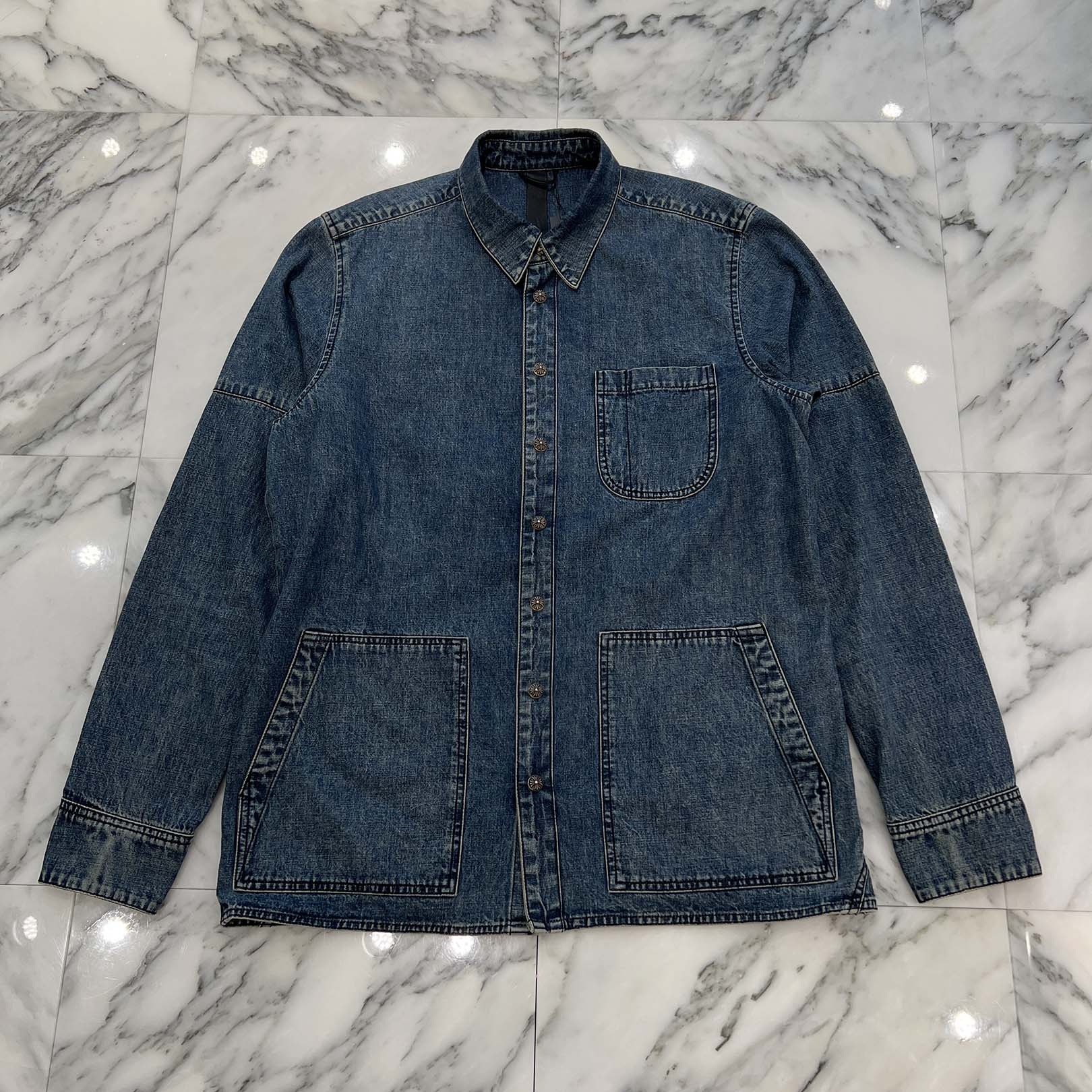 CHROME HEARTS Y NOT Cross Ball Button LAST BITE Denim Shirt Size L クロムハーツ ワイノット クロスボールボタン ラストバイト デニムシャツ サイズL