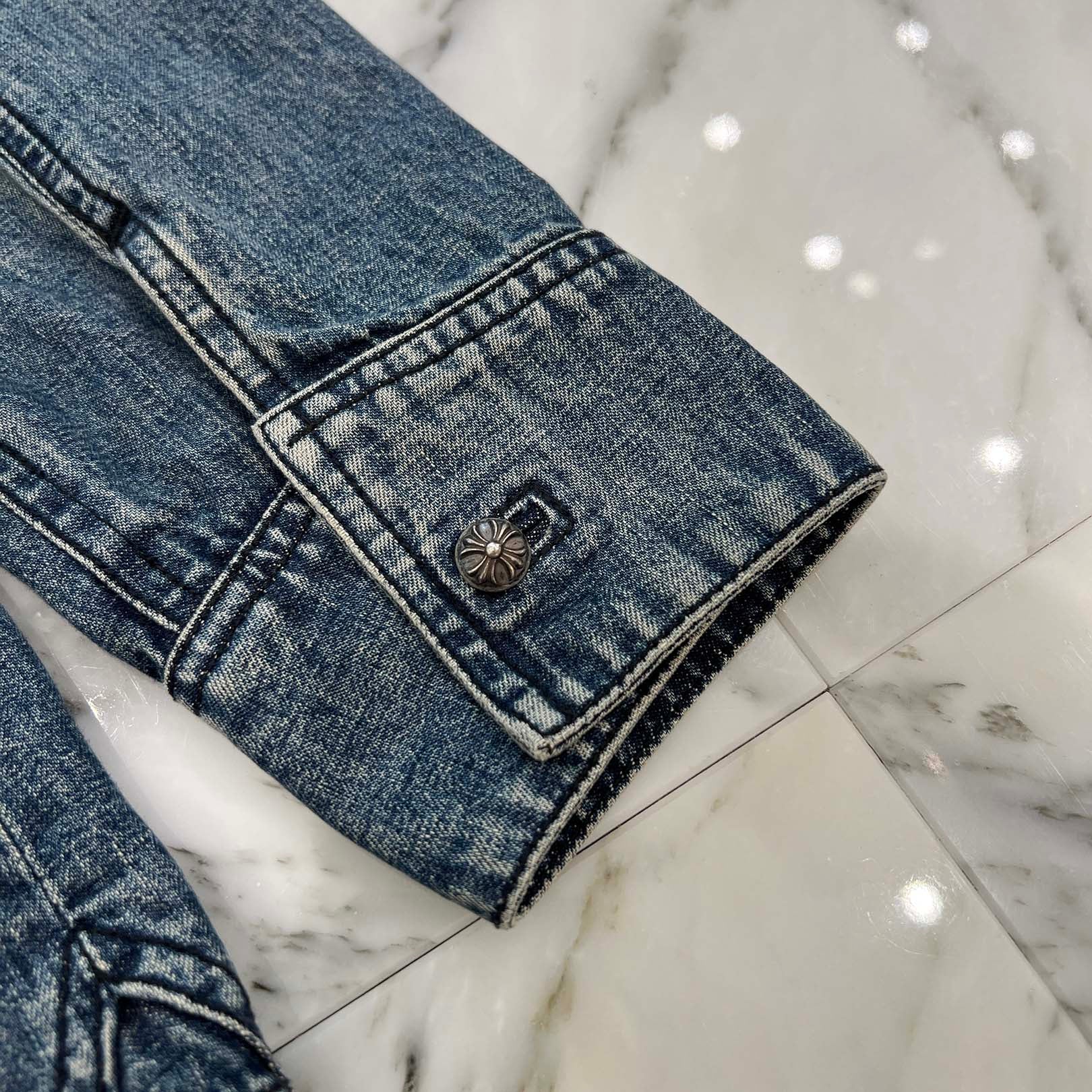 CHROME HEARTS Y NOT Cross Ball Button LAST BITE Denim Shirt Size L クロムハーツ ワイノット クロスボールボタン ラストバイト デニムシャツ サイズL