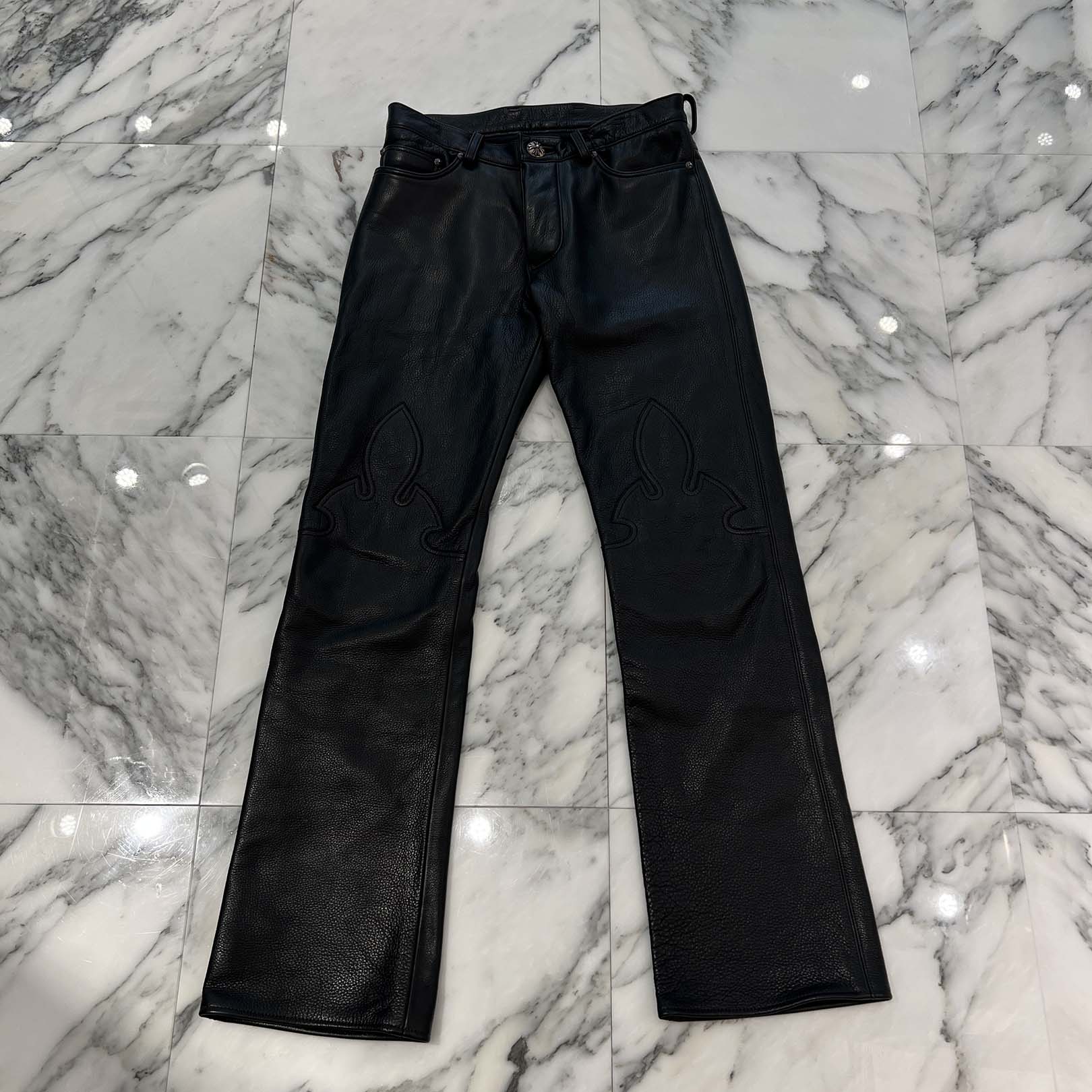 CHROME HEARTS Flare Knee Cross Ball Button Leather Pants Size 30 クロムハーツ フレアニー クロスボールボタン レザーパンツ サイズ30