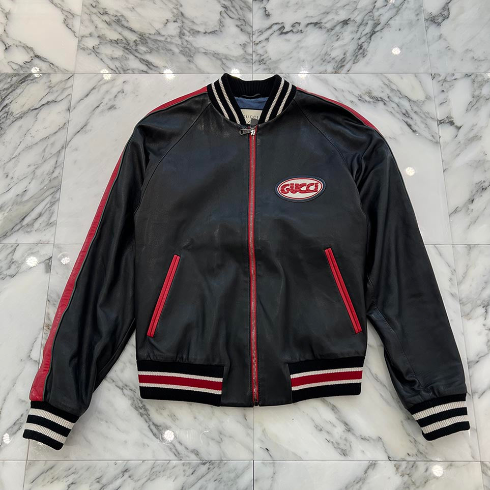 GUCCI  Rubber Logo Patch Varsity Leather Jacket 523526 XG649 Size 46 グッチ ラバーロゴパッチヴァーシティレザージャケット サイズ46