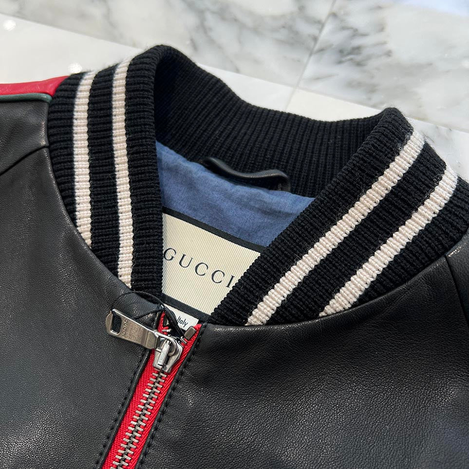 GUCCI  Rubber Logo Patch Varsity Leather Jacket 523526 XG649 Size 46 グッチ ラバーロゴパッチヴァーシティレザージャケット サイズ46