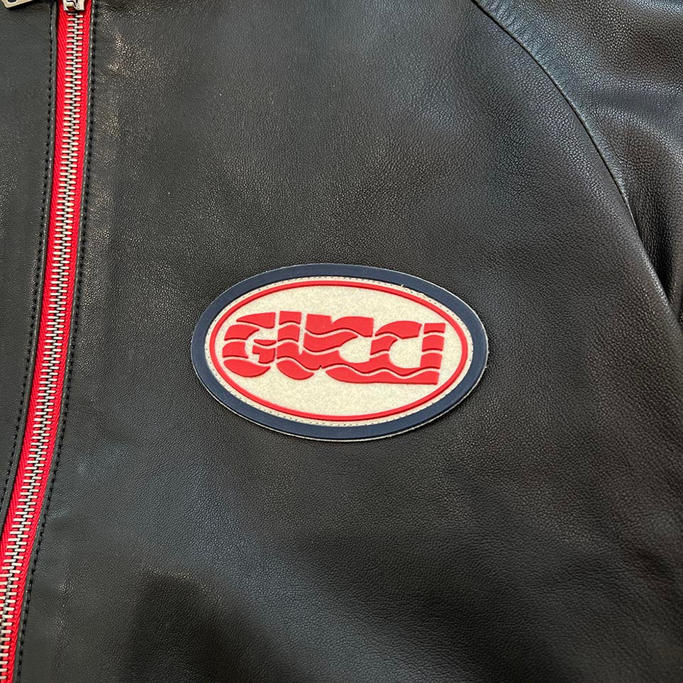 GUCCI  Rubber Logo Patch Varsity Leather Jacket 523526 XG649 Size 46 グッチ ラバーロゴパッチヴァーシティレザージャケット サイズ46
