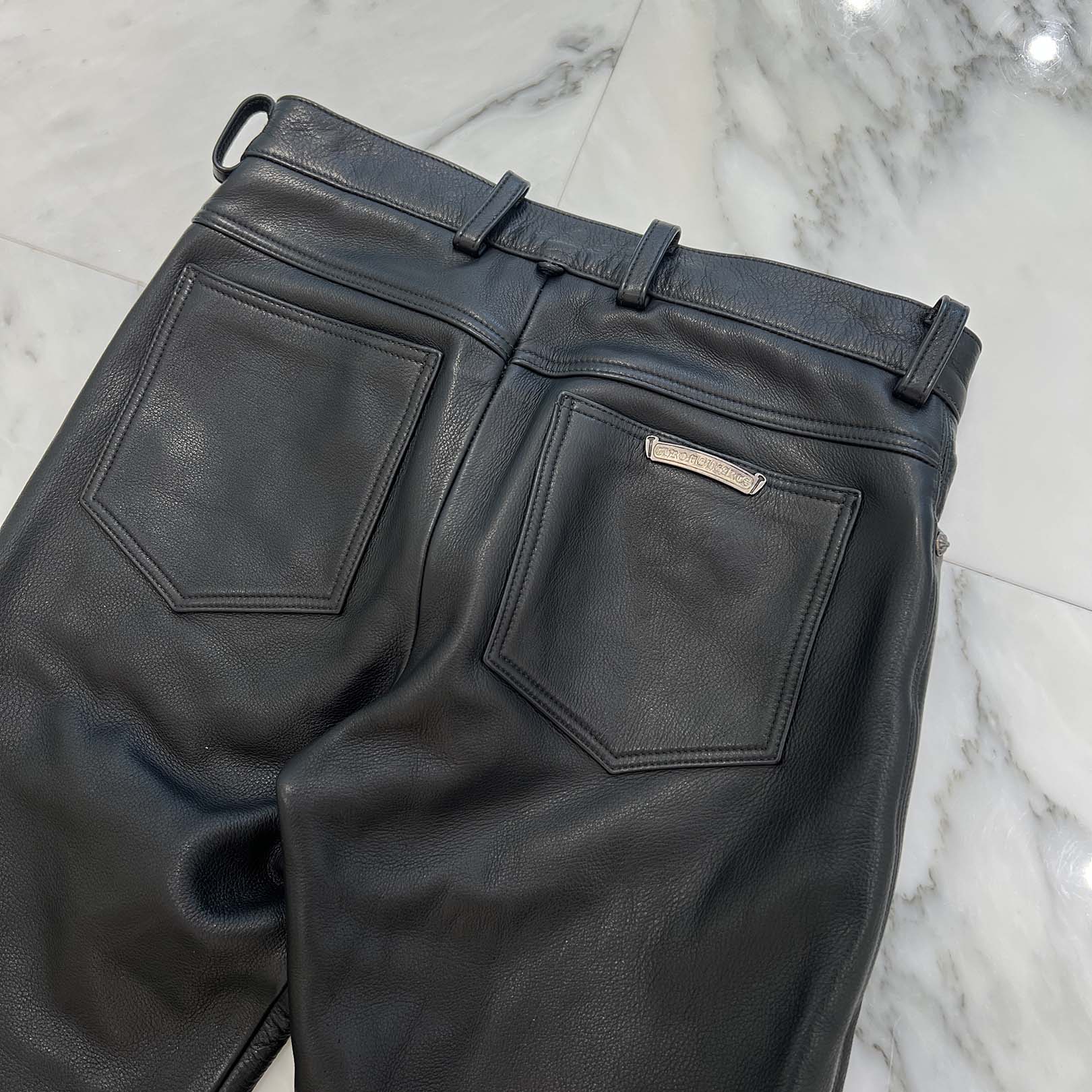 CHROME HEARTS Flare Knee Cross Ball Button Leather Pants