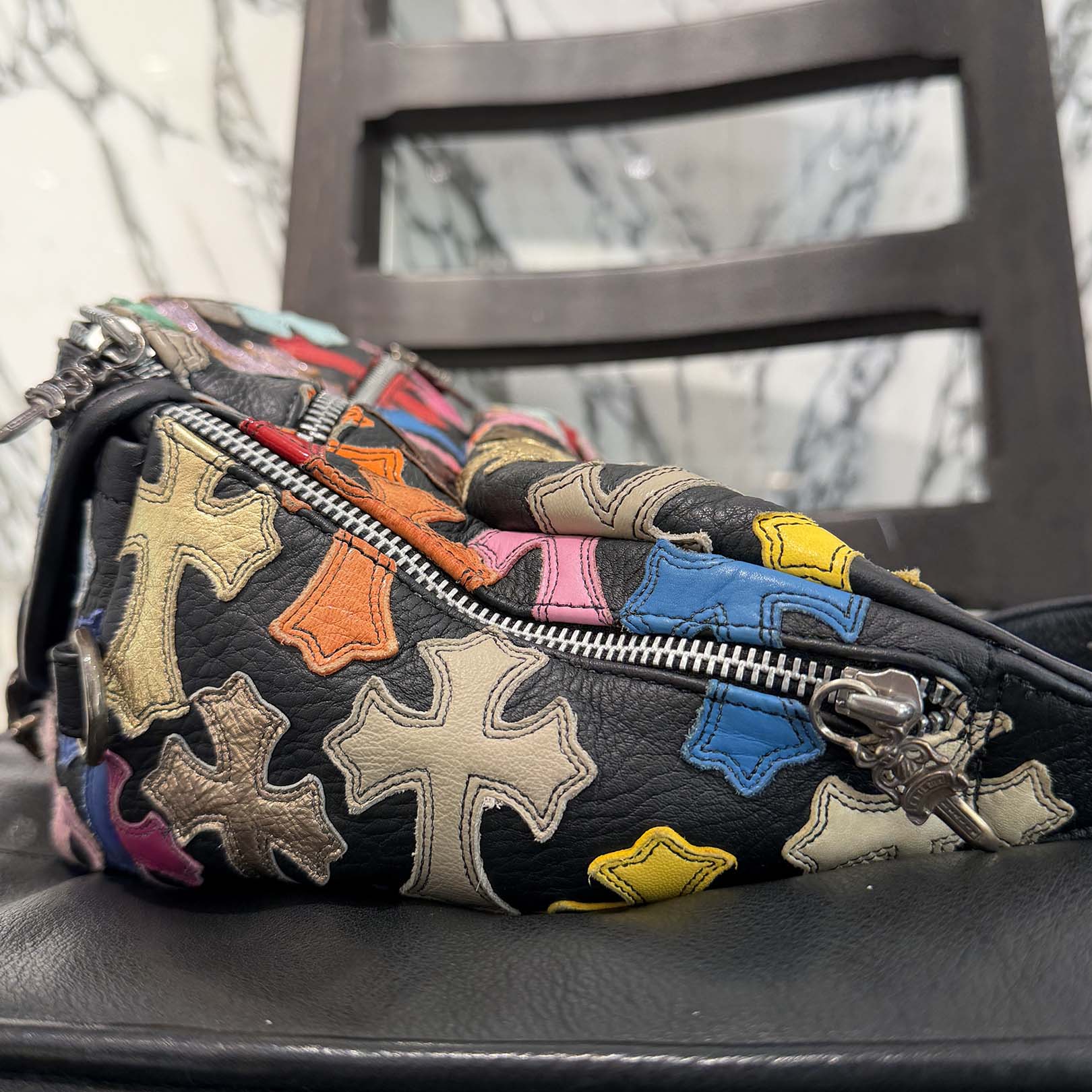 CHROME HEARTS Multi Color Cemetery Cross Patch 1 SNAT PACK LEATHER WAIST BAG クロムハーツ マルチカラー セメタリークロスパッチ 1スナットパック レザー ウェストバッグ