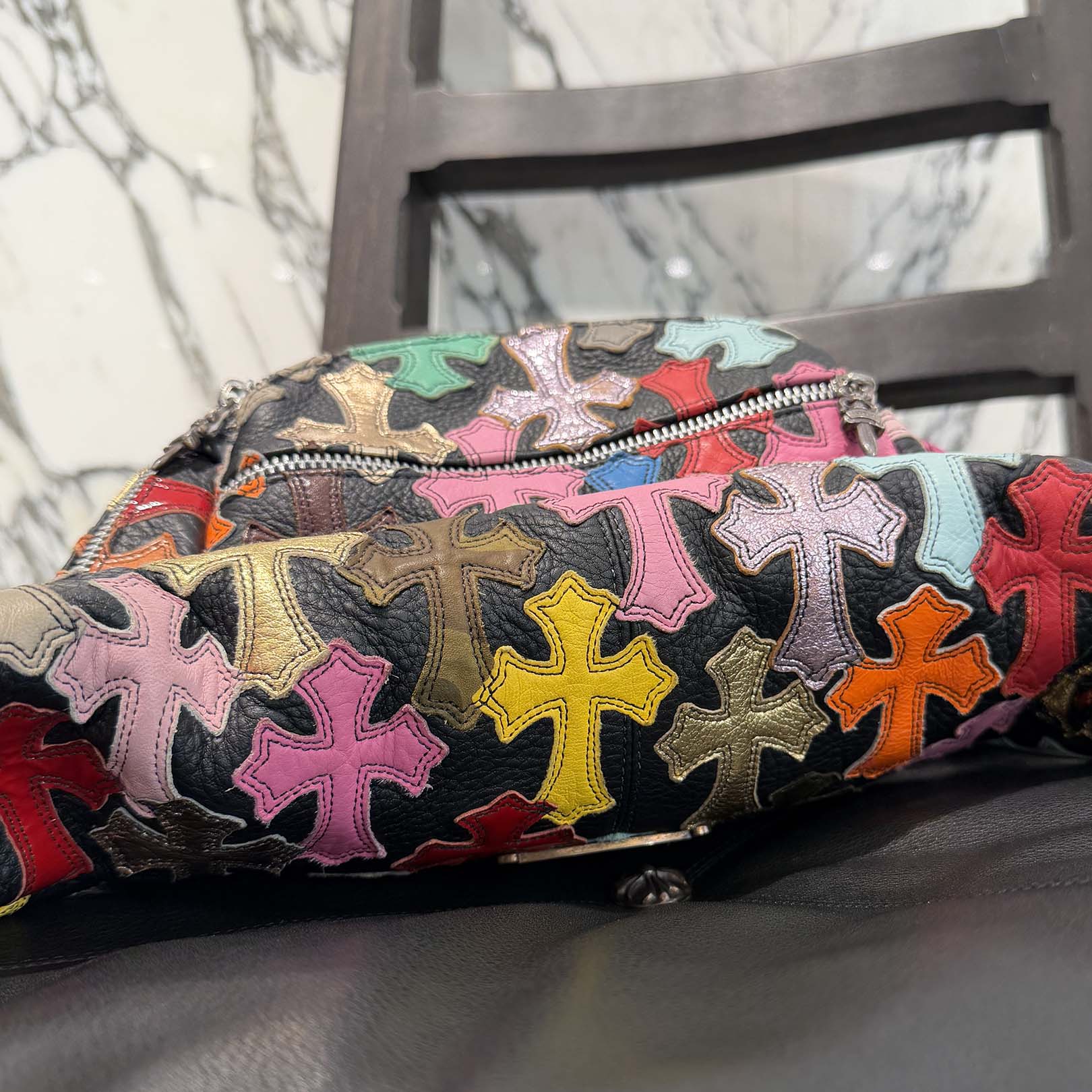 CHROME HEARTS Multi Color Cemetery Cross Patch 1 SNAT PACK LEATHER WAIST BAG クロムハーツ マルチカラー セメタリークロスパッチ 1スナットパック レザー ウェストバッグ