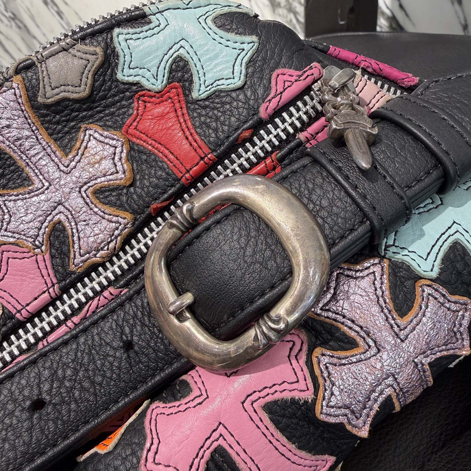 CHROME HEARTS Multi Color Cemetery Cross Patch 1 SNAT PACK LEATHER WAIST BAG クロムハーツ マルチカラー セメタリークロスパッチ 1スナットパック レザー ウェストバッグ