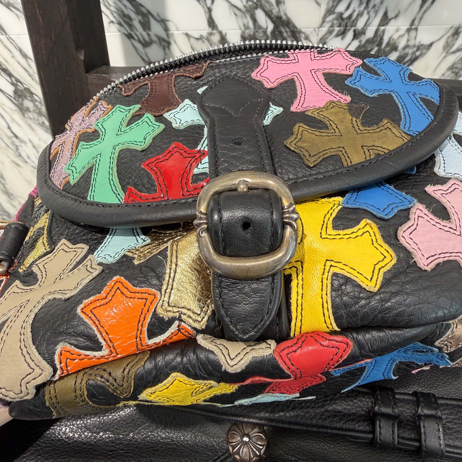 CHROME HEARTS Multi Color Cemetery Cross Patch 1 SNAT PACK LEATHER WAIST BAG クロムハーツ マルチカラー セメタリークロスパッチ 1スナットパック レザー ウェストバッグ