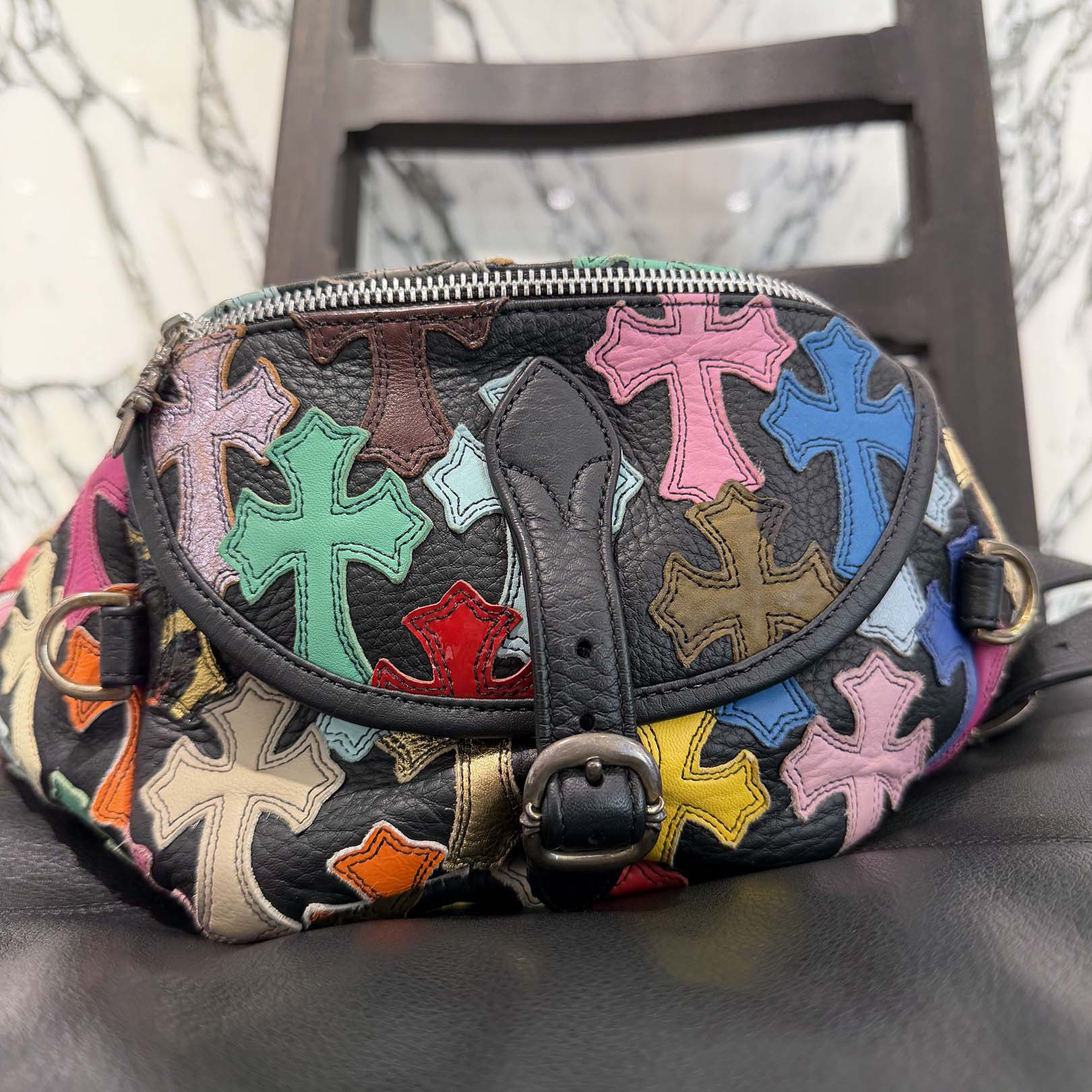 CHROME HEARTS Multi Color Cemetery Cross Patch 1 SNAT PACK LEATHER WAIST BAG クロムハーツ マルチカラー セメタリークロスパッチ 1スナットパック レザー ウェストバッグ
