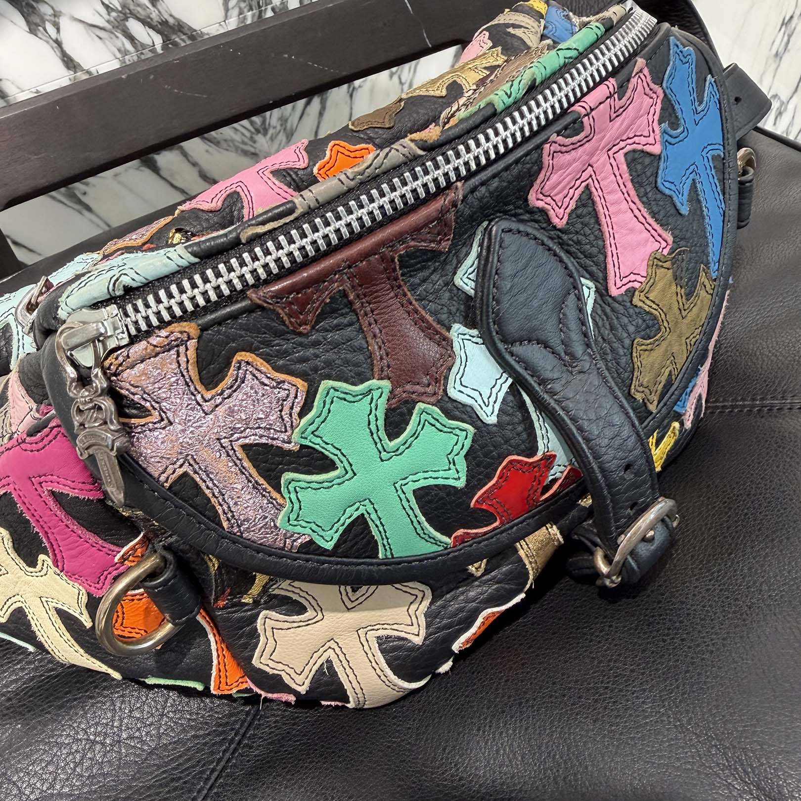 CHROME HEARTS Multi Color Cemetery Cross Patch 1 SNAT PACK LEATHER WAIST BAG クロムハーツ マルチカラー セメタリークロスパッチ 1スナットパック レザー ウェストバッグ