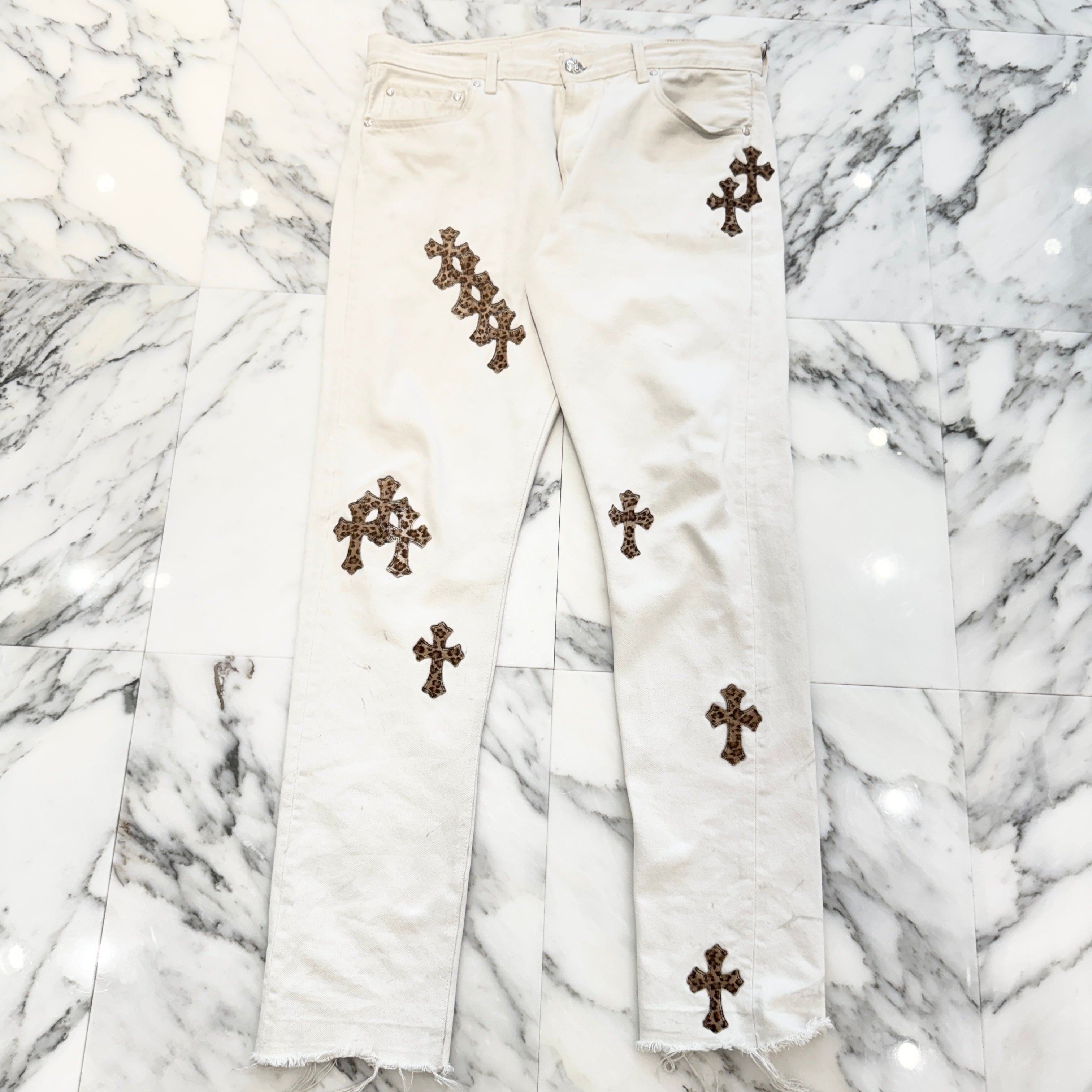 CHROME HEARTS VNTG Leopard Harako Leather Cross Patch Denim Pants Size 33 クロムハーツ ヴィンテージ レオパード ハラコレザークロスパッチ デニムパンツ ジーンズ サイズ33