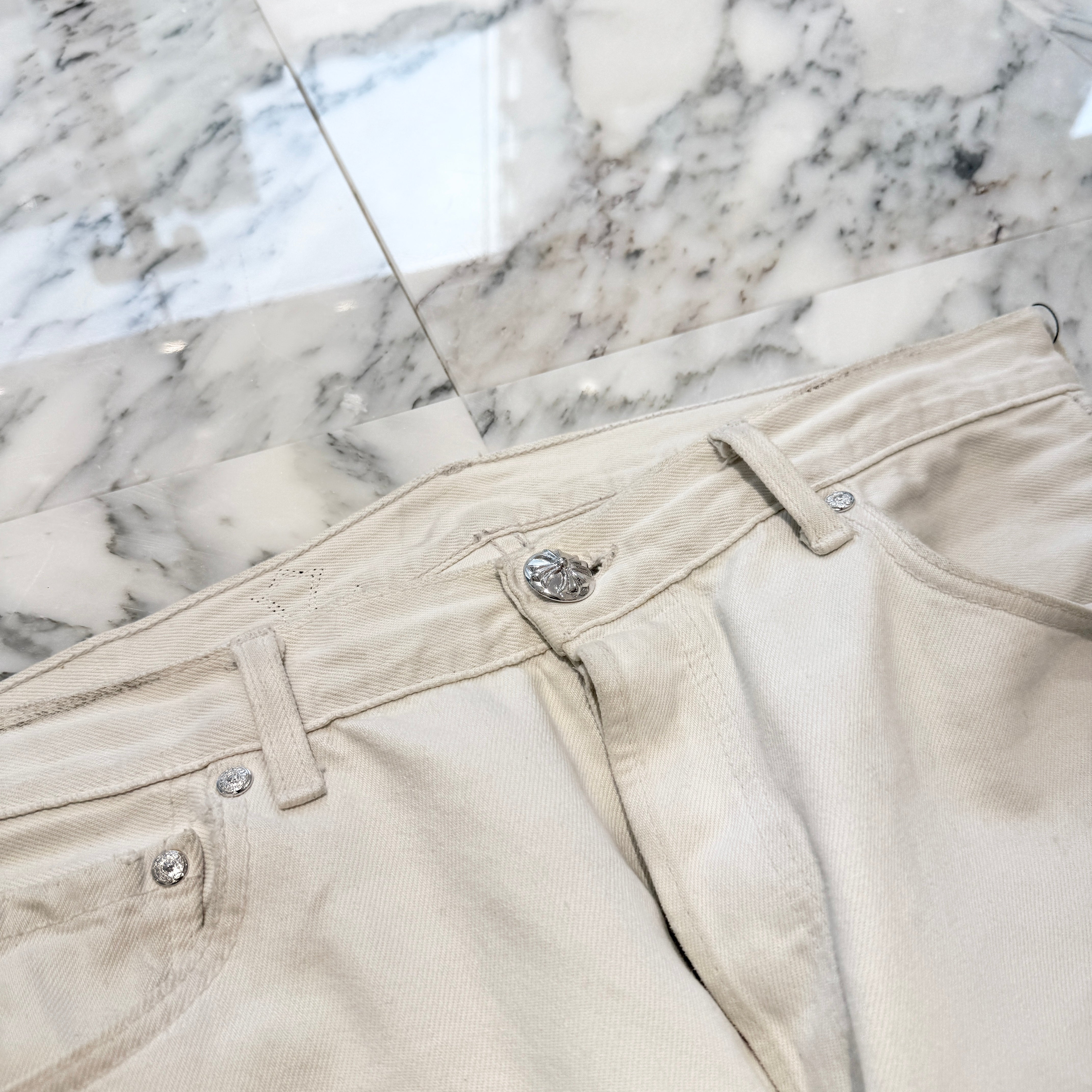 CHROME HEARTS VNTG Leopard Harako Leather Cross Patch Denim Pants Size 33 クロムハーツ ヴィンテージ レオパード ハラコレザークロスパッチ デニムパンツ ジーンズ サイズ33