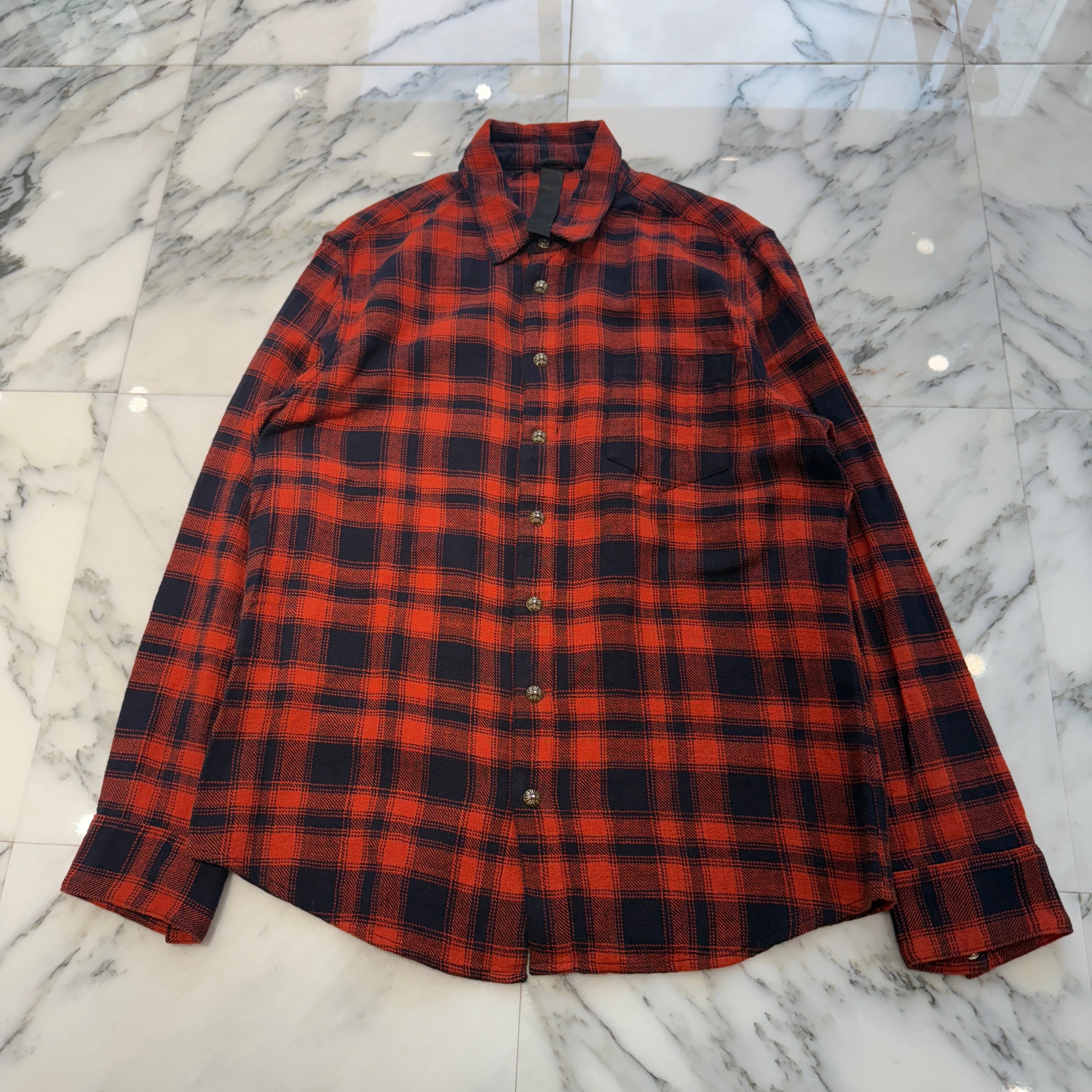 CHROME HEARTS Y NOT Leather Cross Patch Flannel Check Shirt Size L クロムハーツ ワイノット レザークロスパッチ フランネルチェックシャツ サイズL