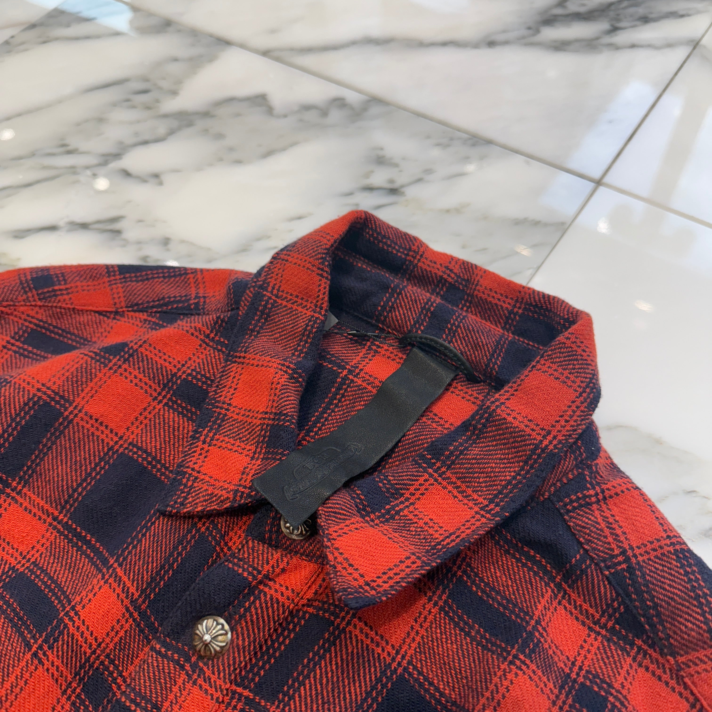 CHROME HEARTS Y NOT Leather Cross Patch Flannel Check Shirt Size L クロムハーツ ワイノット レザークロスパッチ フランネルチェックシャツ サイズL