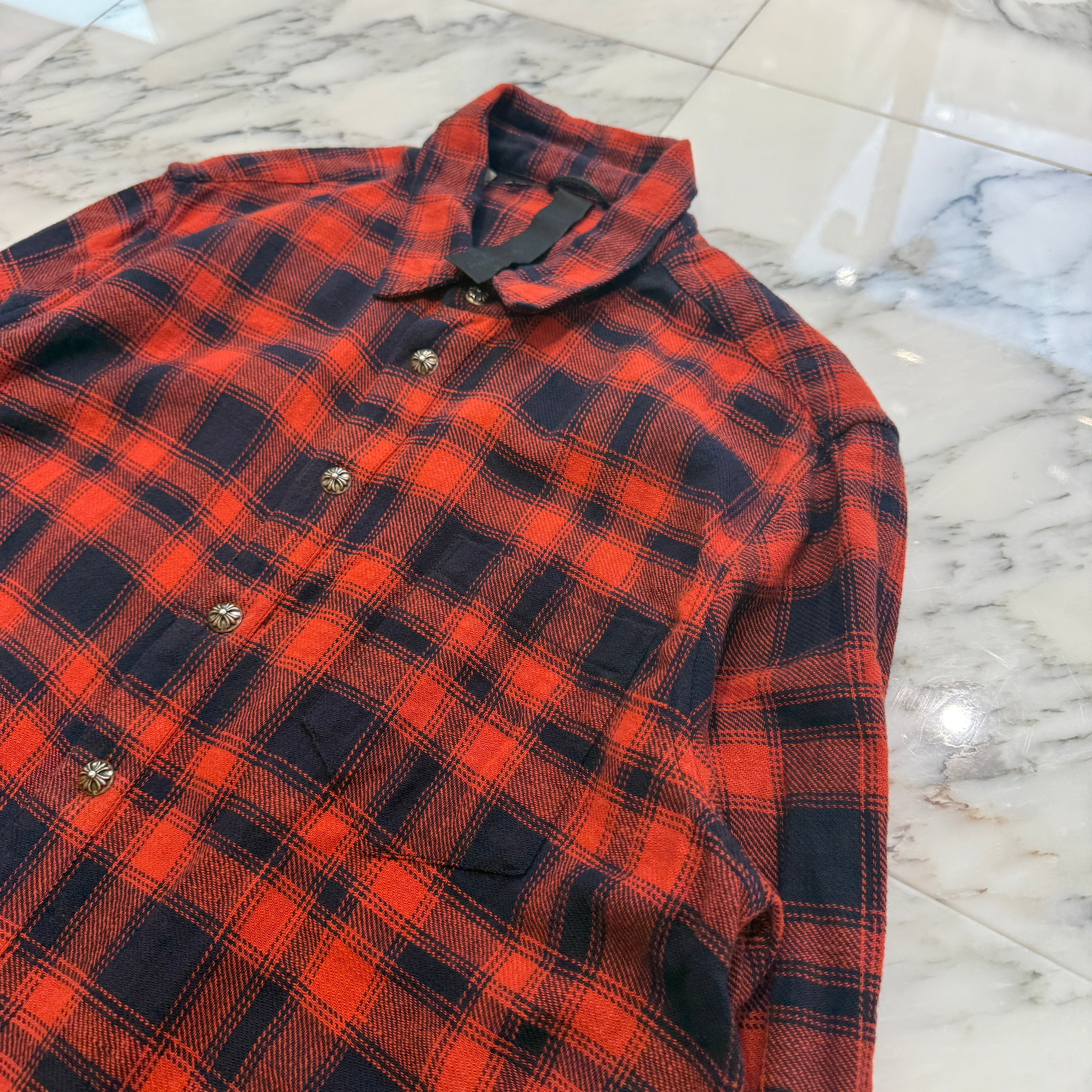 CHROME HEARTS Y NOT Leather Cross Patch Flannel Check Shirt Size L クロムハーツ ワイノット レザークロスパッチ フランネルチェックシャツ サイズL