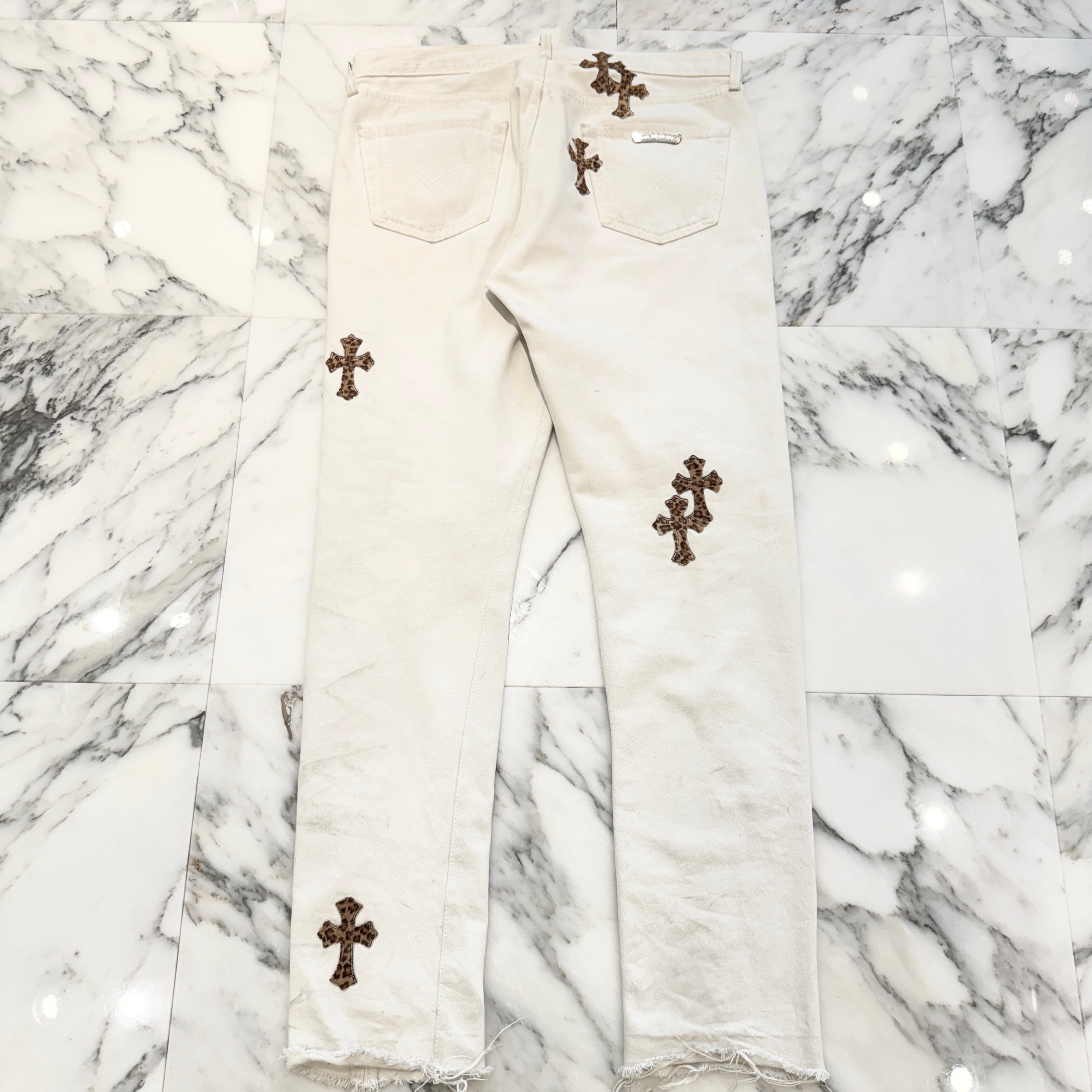 CHROME HEARTS VNTG Leopard Harako Leather Cross Patch Denim Pants Size 33 クロムハーツ ヴィンテージ レオパード ハラコレザークロスパッチ デニムパンツ ジーンズ サイズ33