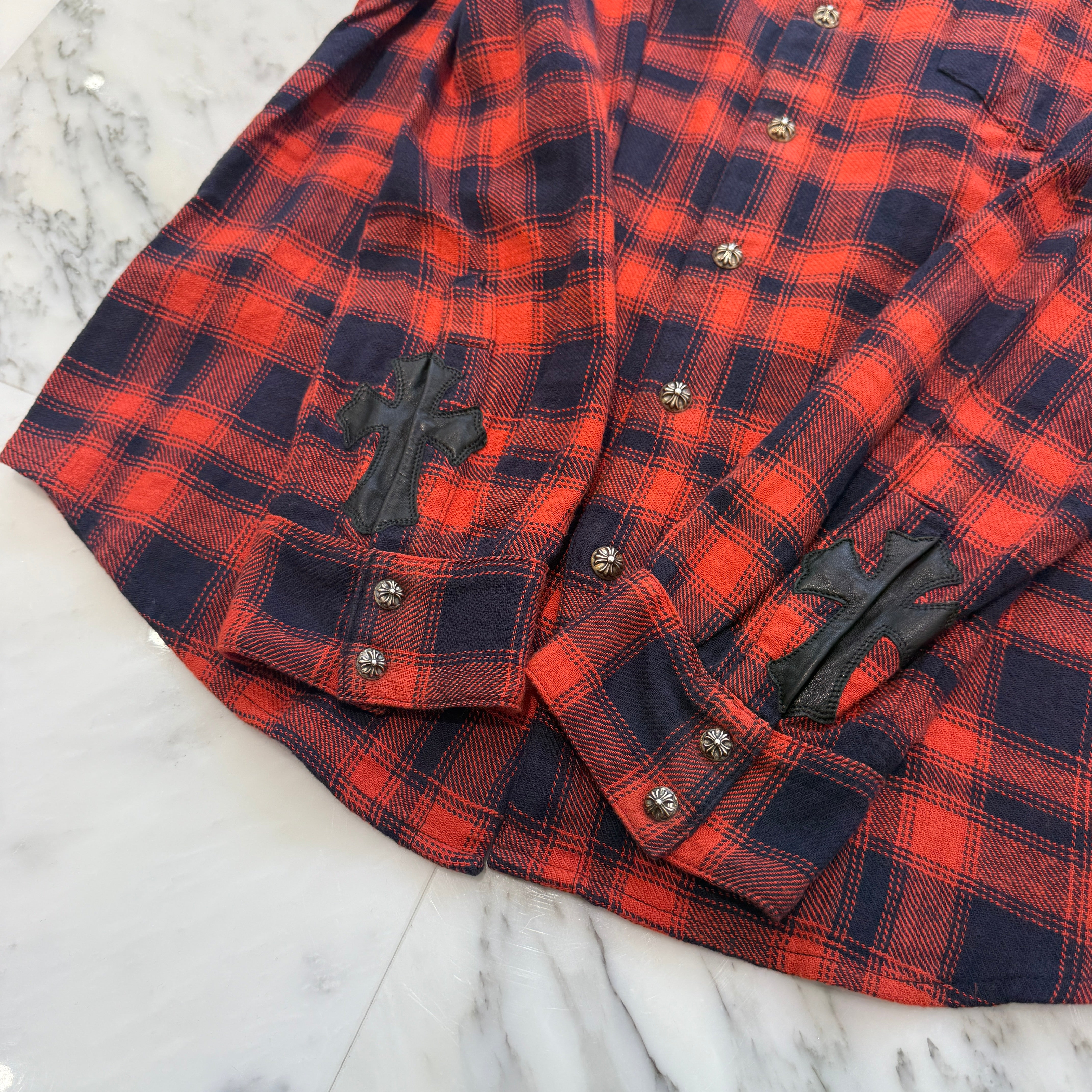 CHROME HEARTS Y NOT Leather Cross Patch Flannel Check Shirt Size L クロムハーツ ワイノット レザークロスパッチ フランネルチェックシャツ サイズL