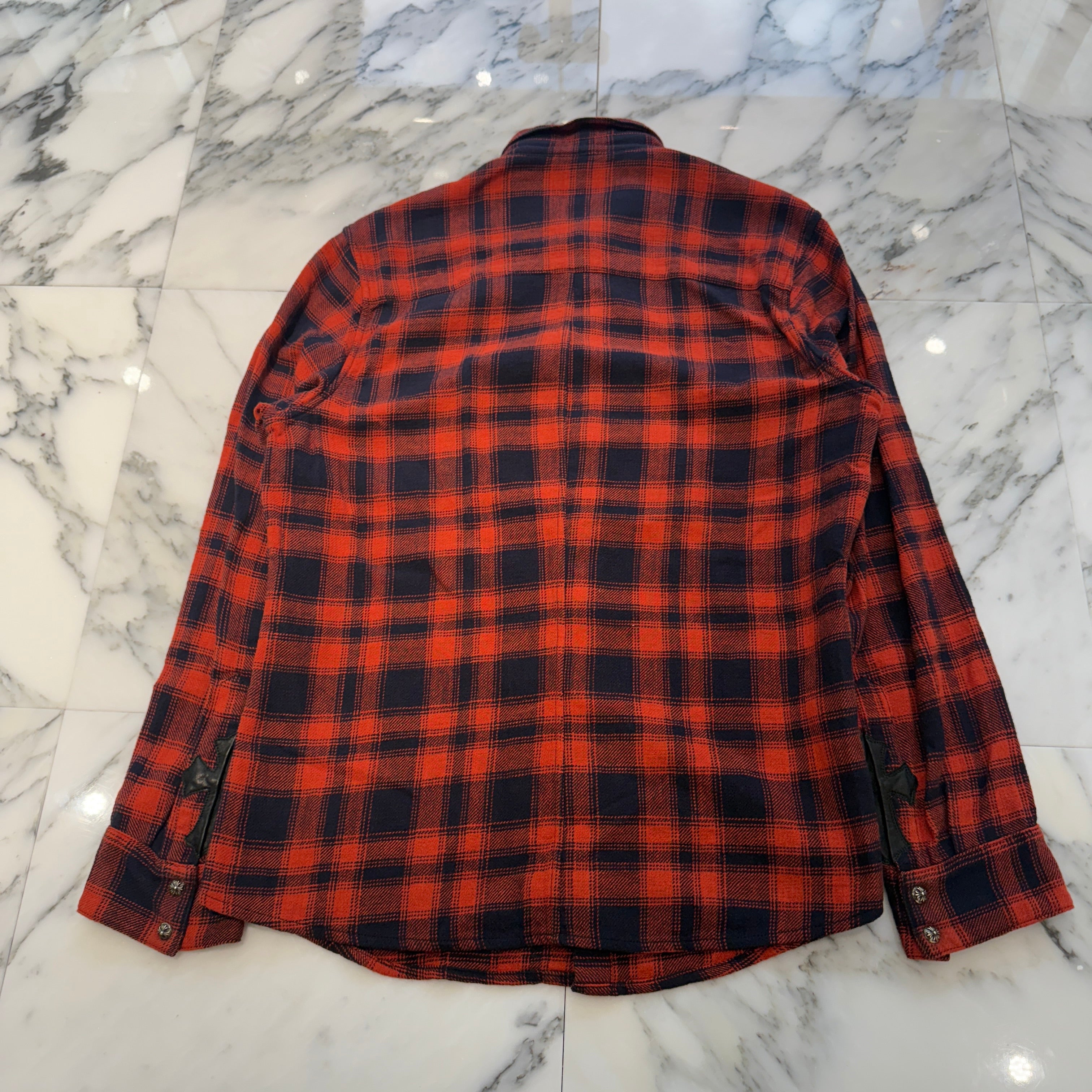 CHROME HEARTS Y NOT Leather Cross Patch Flannel Check Shirt Size L クロムハーツ ワイノット レザークロスパッチ フランネルチェックシャツ サイズL
