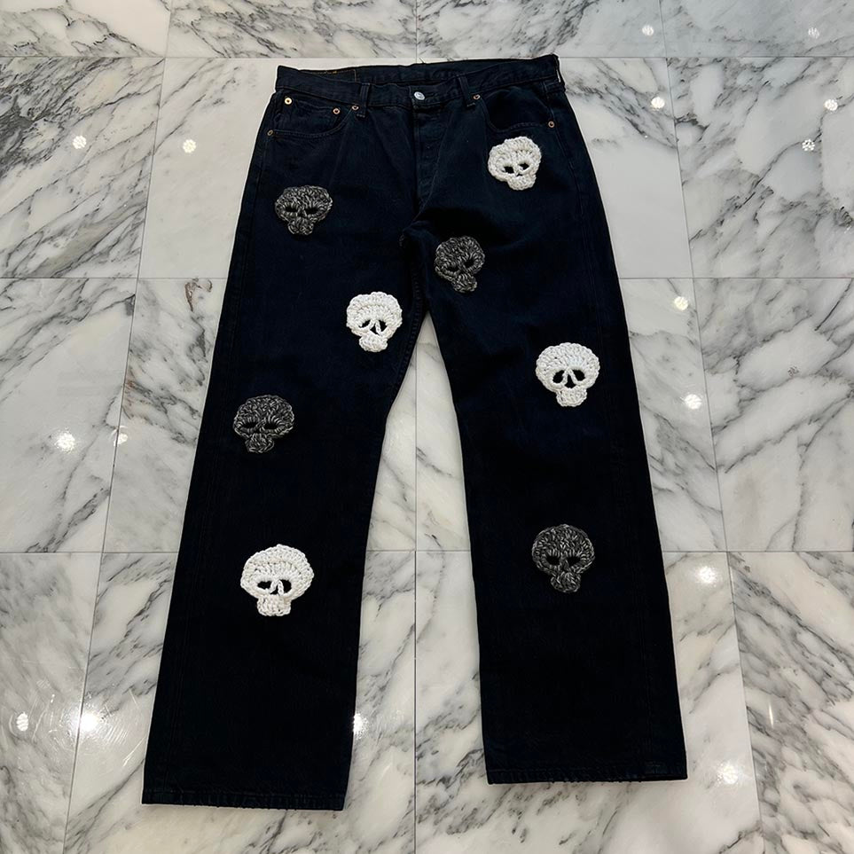 Y.A.R.N × mementos Levi's 501 Body Knit Scull Denim Pants Size W36×L32 ヤーン × メメントス リーバイス 501 ボディ ニットスカル デニムパンツ サイズ W36×L32