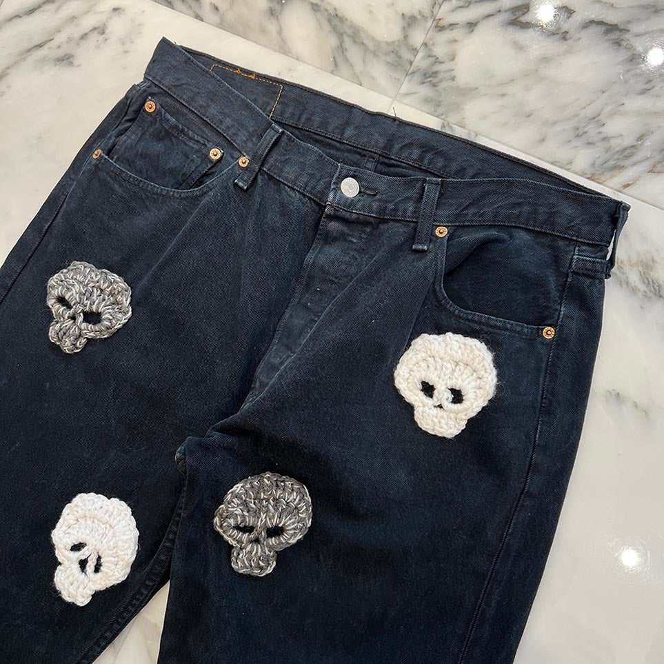 Y.A.R.N × mementos Levi's 501 Body Knit Scull Denim Pants Size W36×L32 ヤーン × メメントス リーバイス 501 ボディ ニットスカル デニムパンツ サイズ W36×L32