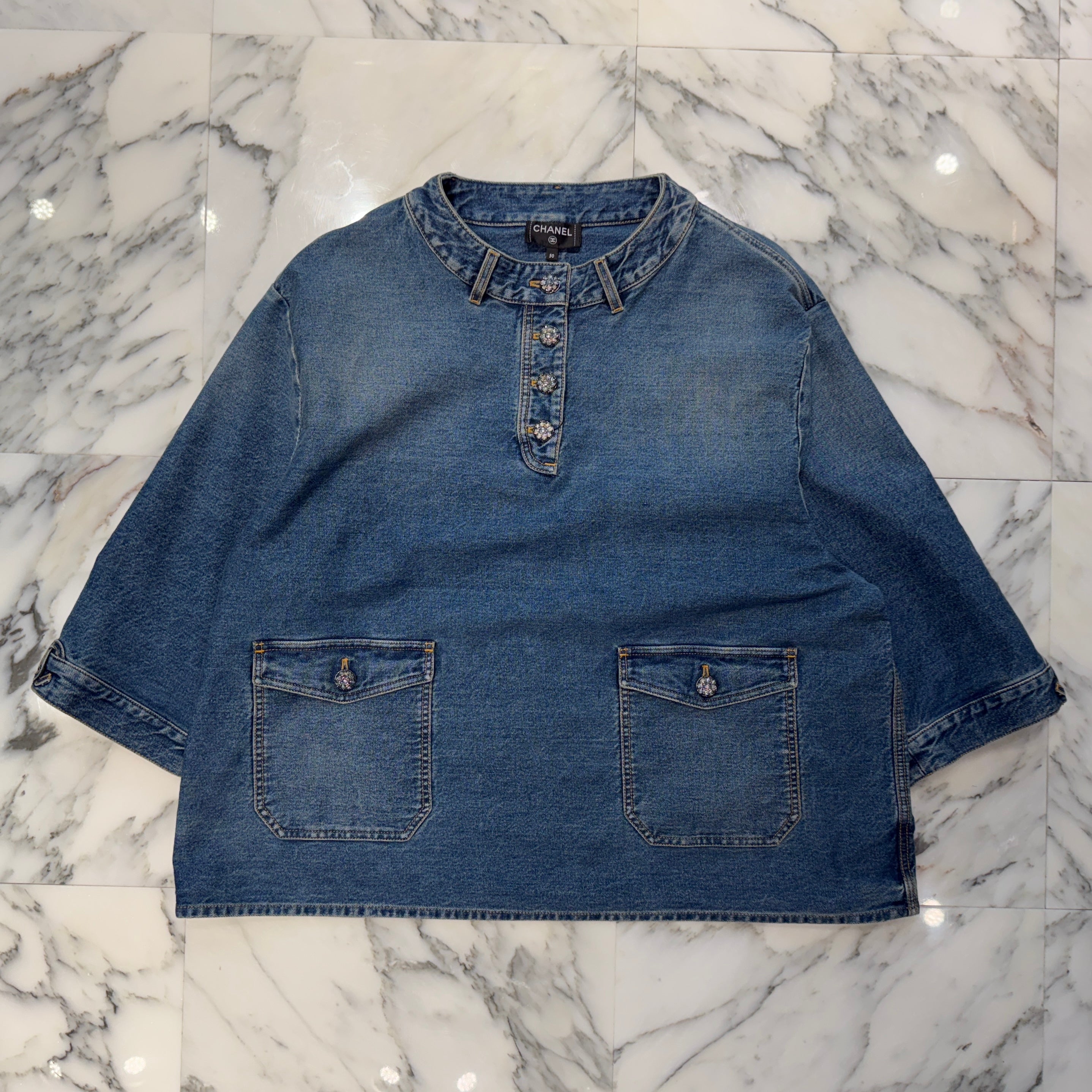 CHANEL 2024 Cruise Washed Denim Blouse P76797V69116 Size 50 シャネル ウォッシュド デニム ブラウス サイズ50