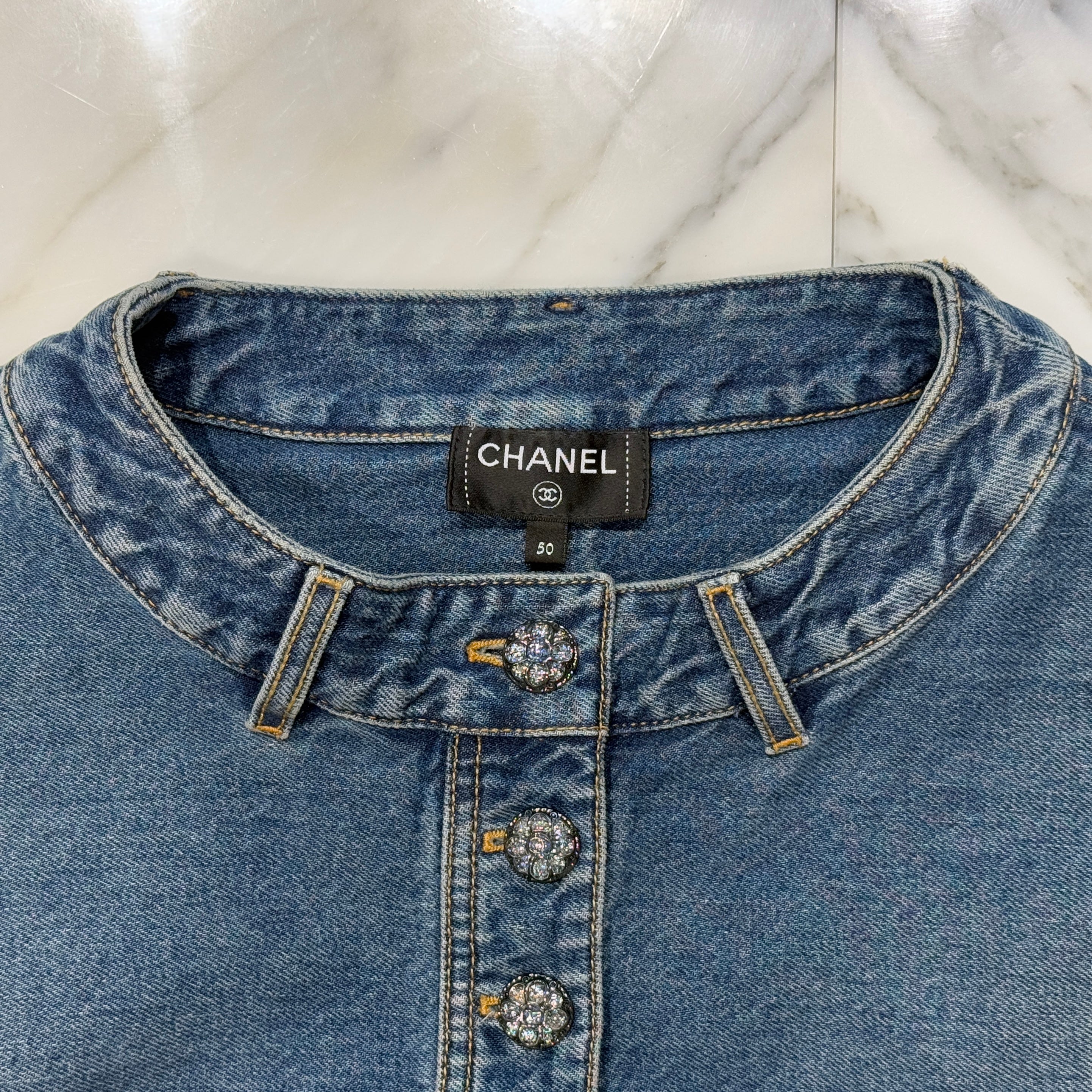 CHANEL 2024 Cruise Washed Denim Blouse P76797V69116 Size 50 シャネル ウォッシュド デニム ブラウス サイズ50