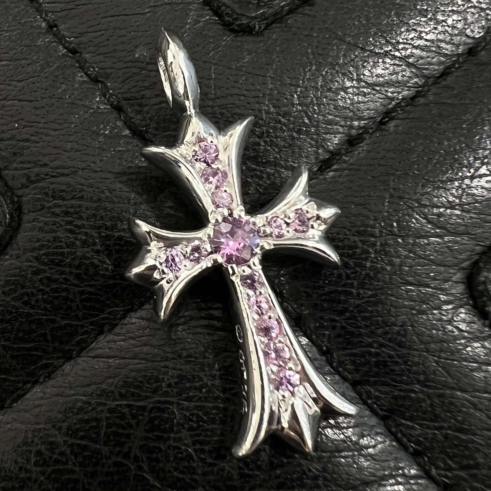 CHROME HEARTS 18K WG Tiny Fat Cross Pave Pink Sapphire Pendant Top 18K ホワイトゴールド クロムハーツ タイニーファットクロス パヴェピンクサファイア ペンダントトップ