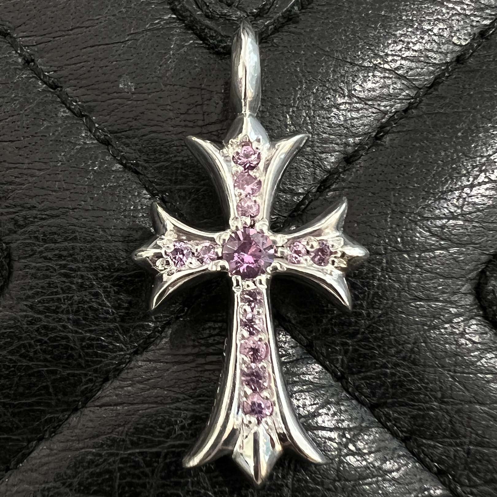 CHROME HEARTS 18K WG Tiny Fat Cross Pave Pink Sapphire Pendant Top 18K ホワイトゴールド クロムハーツ タイニーファットクロス パヴェピンクサファイア ペンダントトップ