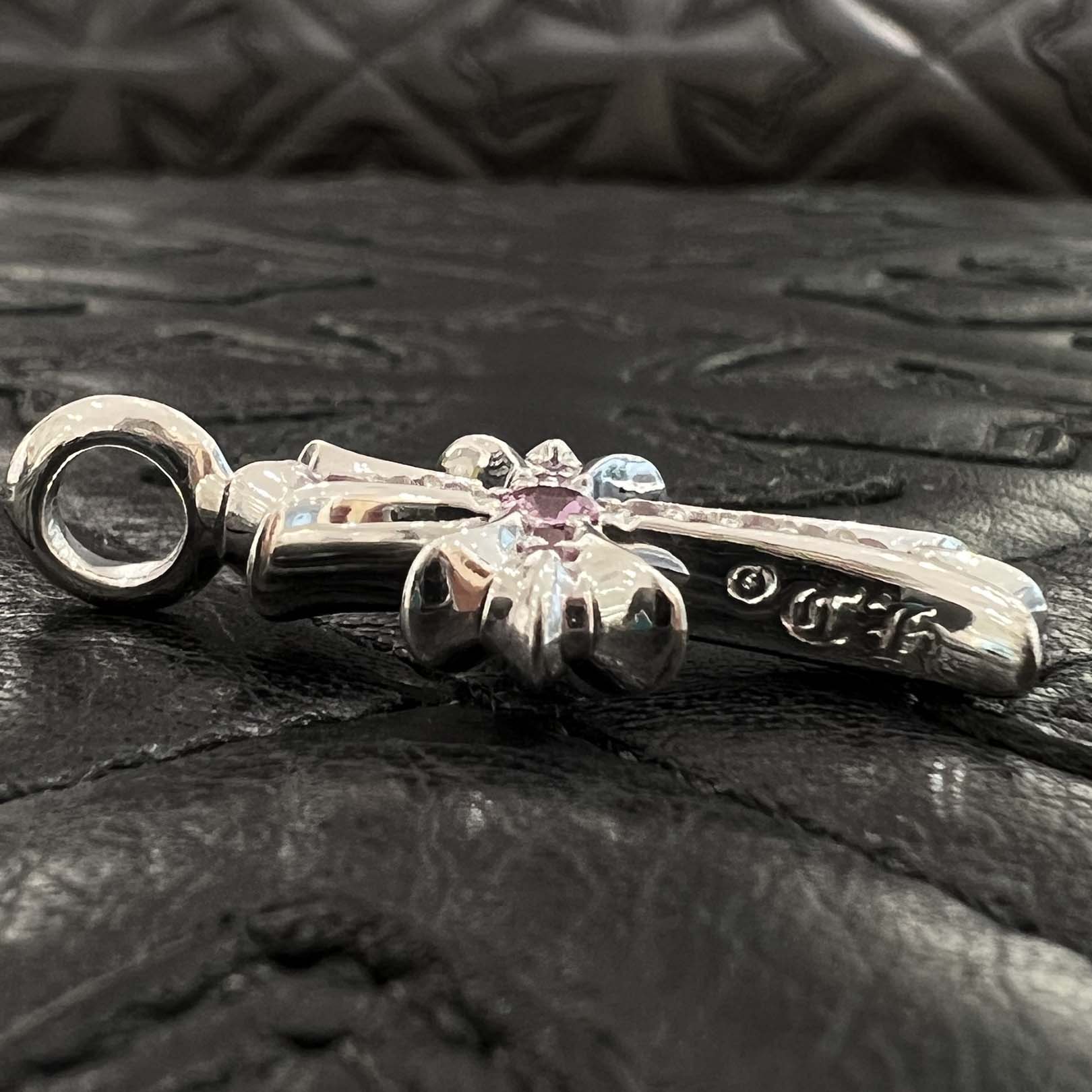 CHROME HEARTS 18K WG Tiny Fat Cross Pave Pink Sapphire Pendant Top 18K ホワイトゴールド クロムハーツ タイニーファットクロス パヴェピンクサファイア ペンダントトップ