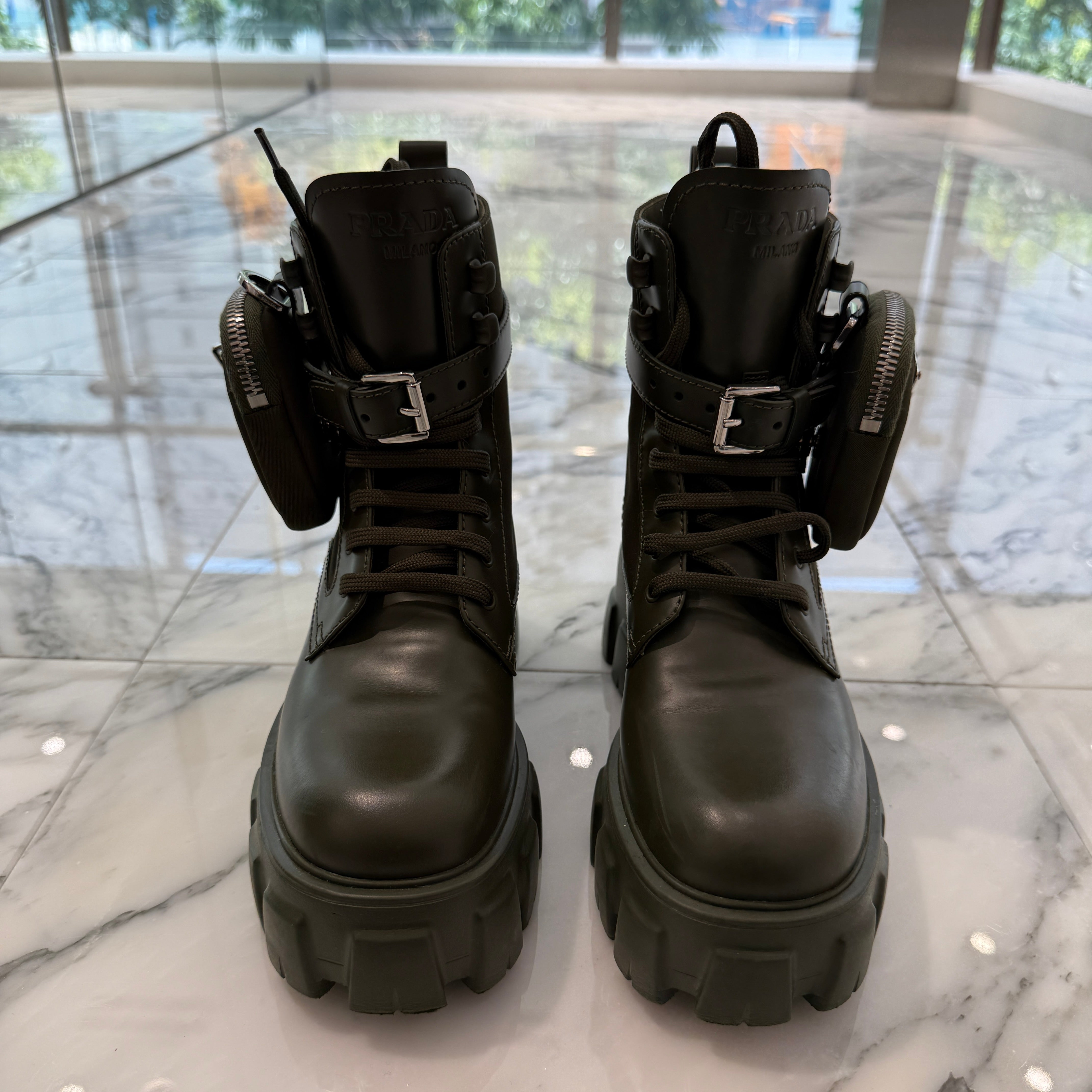 PRADA 2021SS Monolith Brushed Leather Re Nylon Poach Combat Boots 1T255M Size 35(22.0cm) プラダ モノリス ブラッシュド レザー リナイロン ポーチ コンバットブーツ サイズ35(22.0cm)
