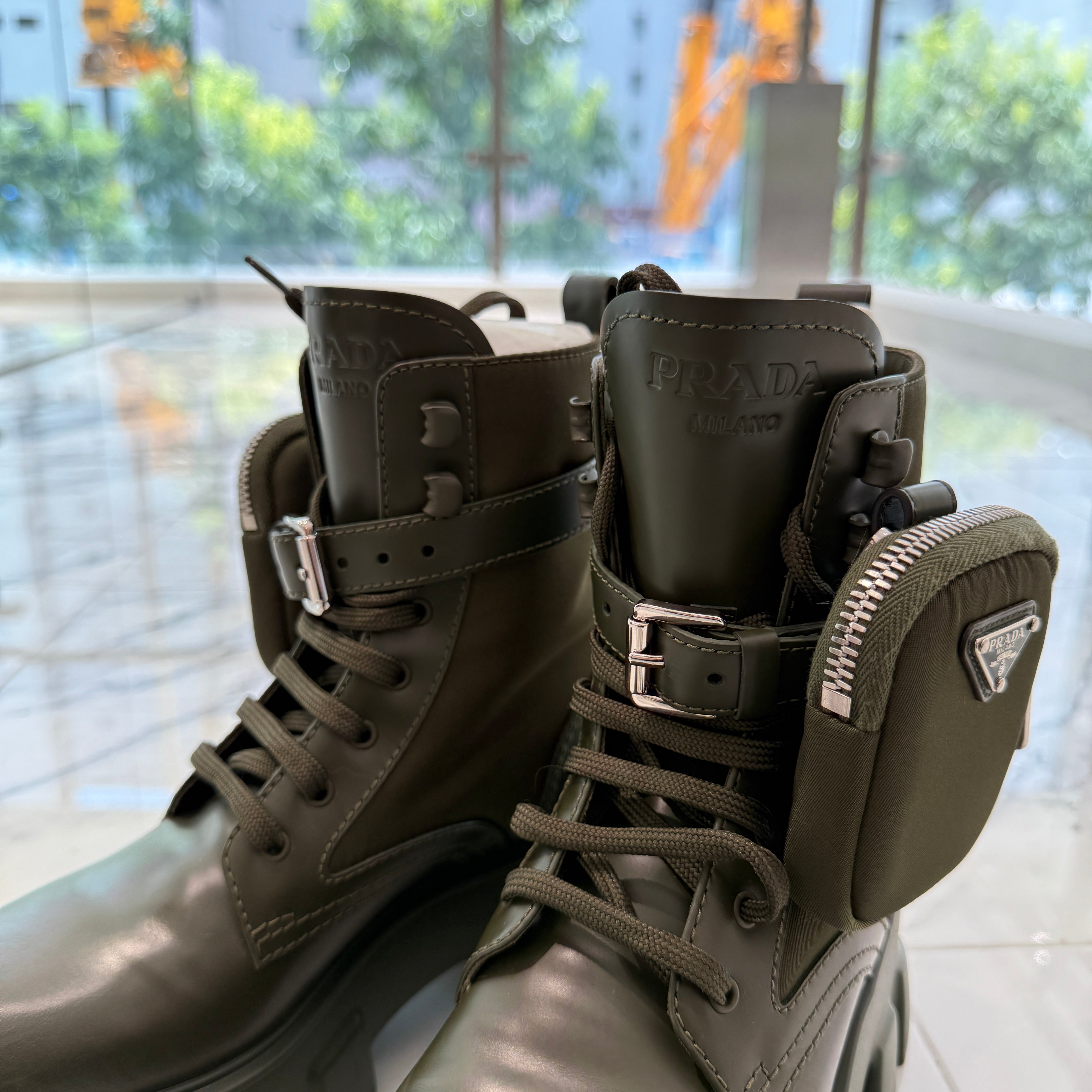 PRADA 2021SS Monolith Brushed Leather Re Nylon Poach Combat Boots