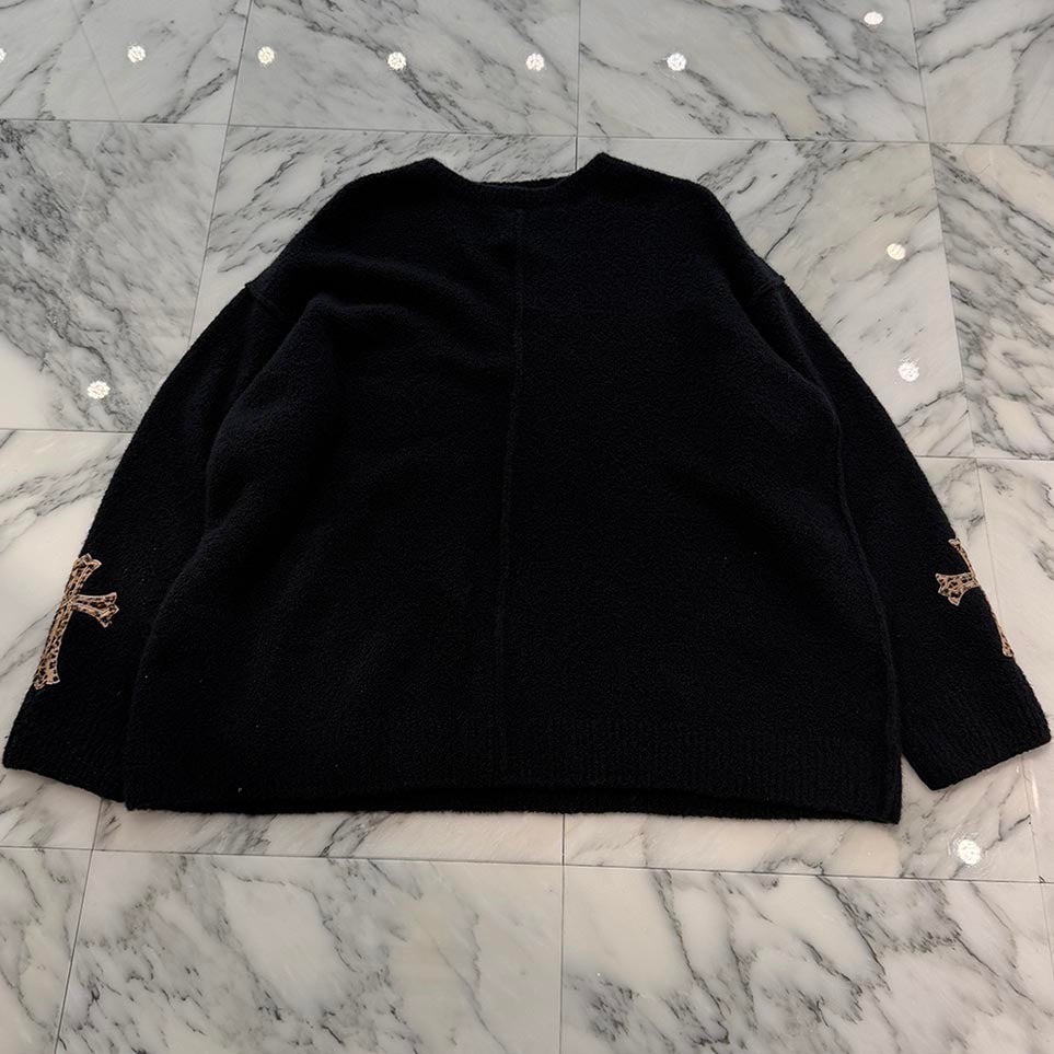CHROME HEARTS 2025AW Leopard Harako Cross Leather Patch Cashmere & Silk Oversized Knit Sweater Size S クロムハーツ レオパルド ハラコ クロスレザーパッチ カシミヤ&シルク オーバーサイズ ニット セーター サイズS