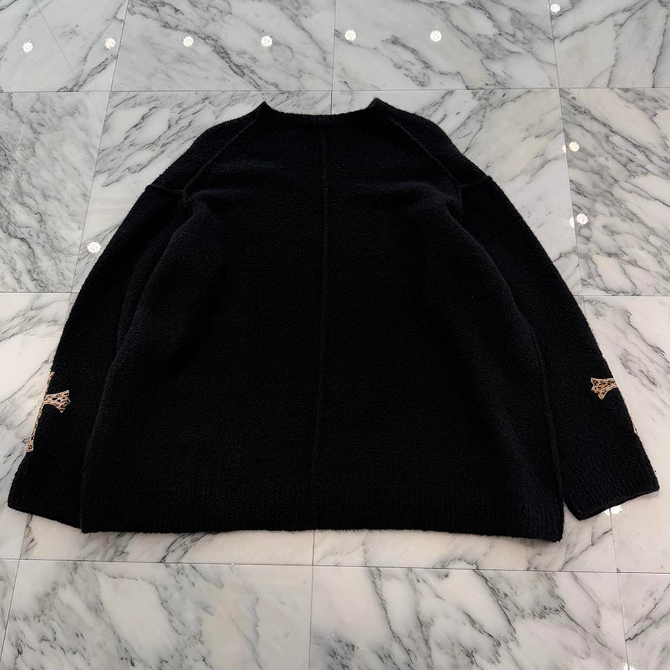 CHROME HEARTS 2025AW Leopard Harako Cross Leather Patch Cashmere & Silk Oversized Knit Sweater Size S クロムハーツ レオパルド ハラコ クロスレザーパッチ カシミヤ&シルク オーバーサイズ ニット セーター サイズS