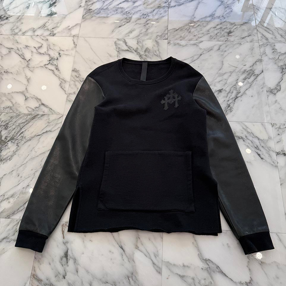CHROME HEARTS Y NOT Cemetery Cross Leather Patch Arm Leather Sweat Shirt Size S クロムハーツ ワイノット セメタリークロス レザーパッチ アームレザー スウェットシャツ サイズS