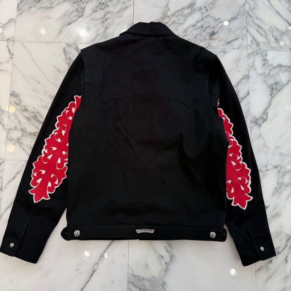 CHROME HEARTS Floral Cross Leather Patch Flare Knee Sleeve Denim Jacket Size L クロムハーツ フローラルクロス レザーパッチ フレアニー スリーブ デニムジャケット サイズL