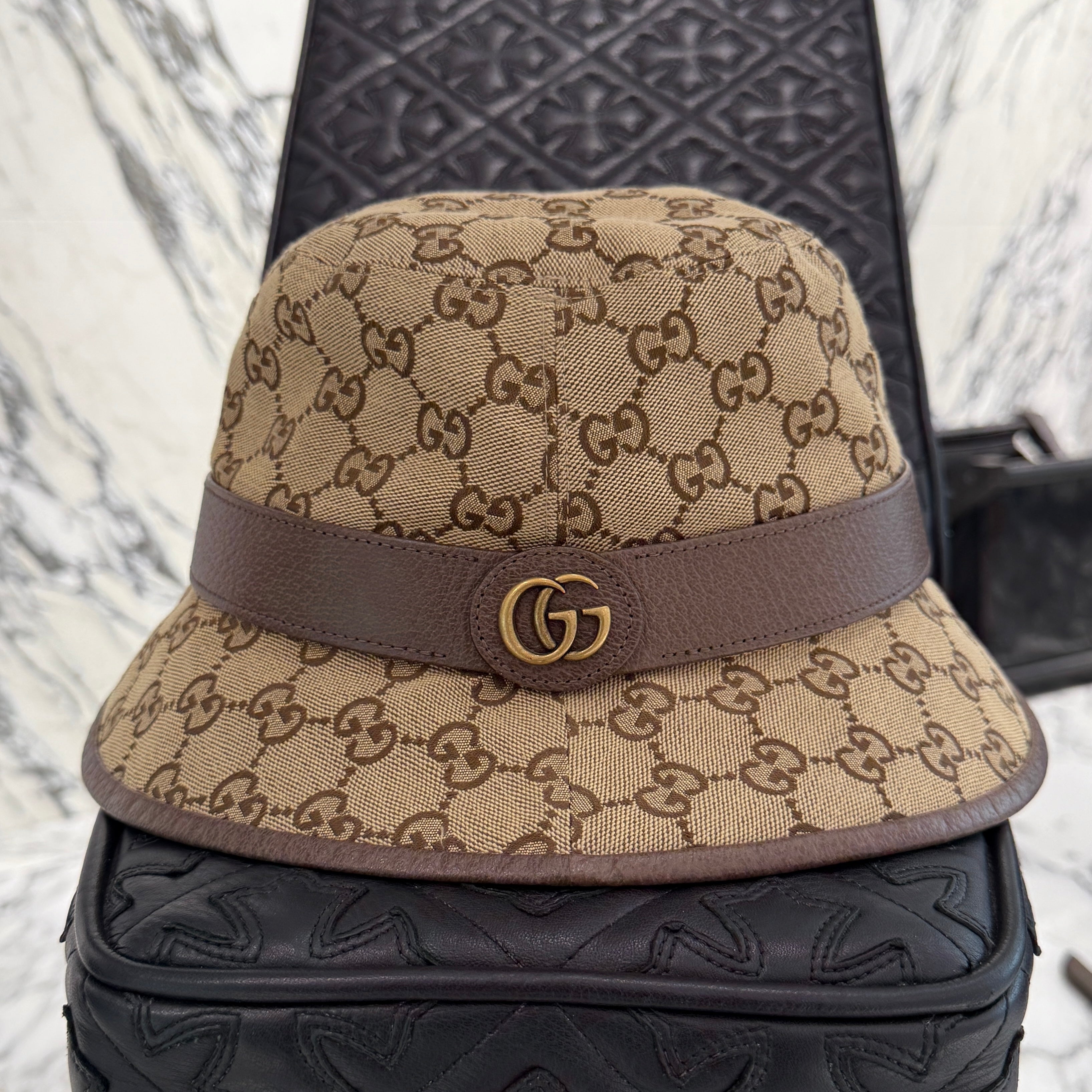 GUCCI Leather Trimmed Cotton Blend Jacquard Bucket Hat 576587 4HG62 Size L（59cm）グッチ レザートリム コットンブレンド ジャカード バケットハット サイズL（59cm）