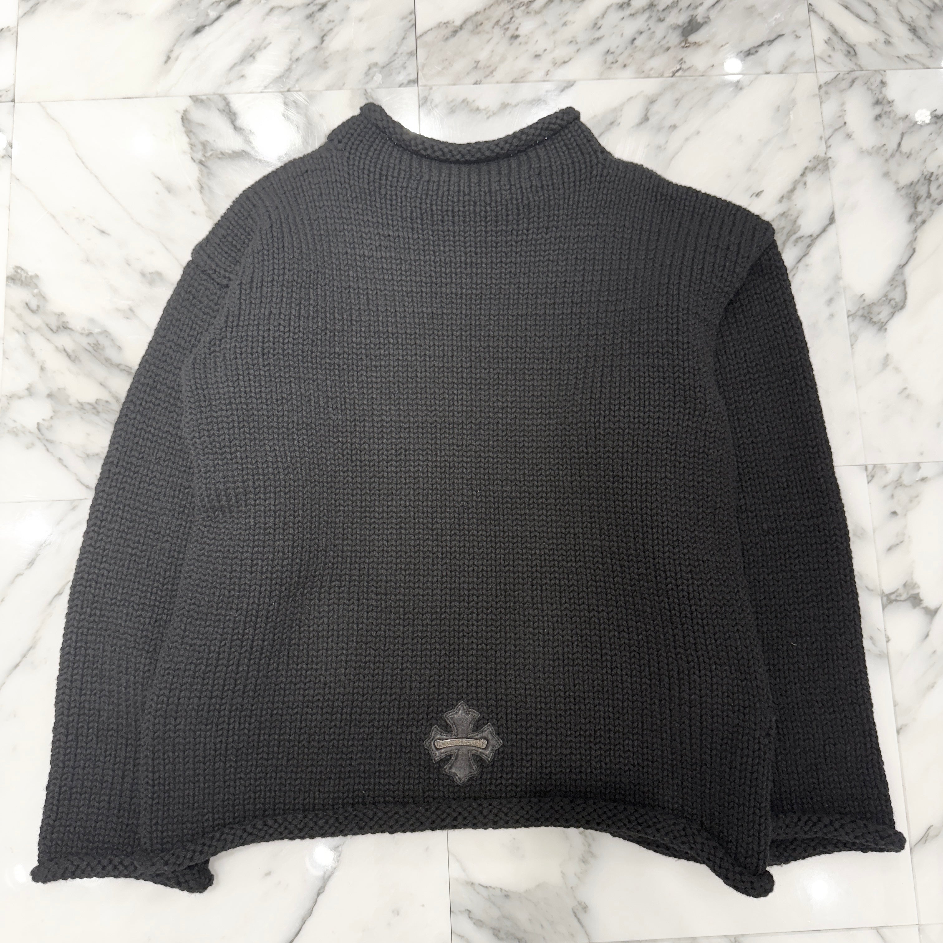 CHROME HEARTS Y NOT Leather Cross Patch Cashmere Knit Sweater Size