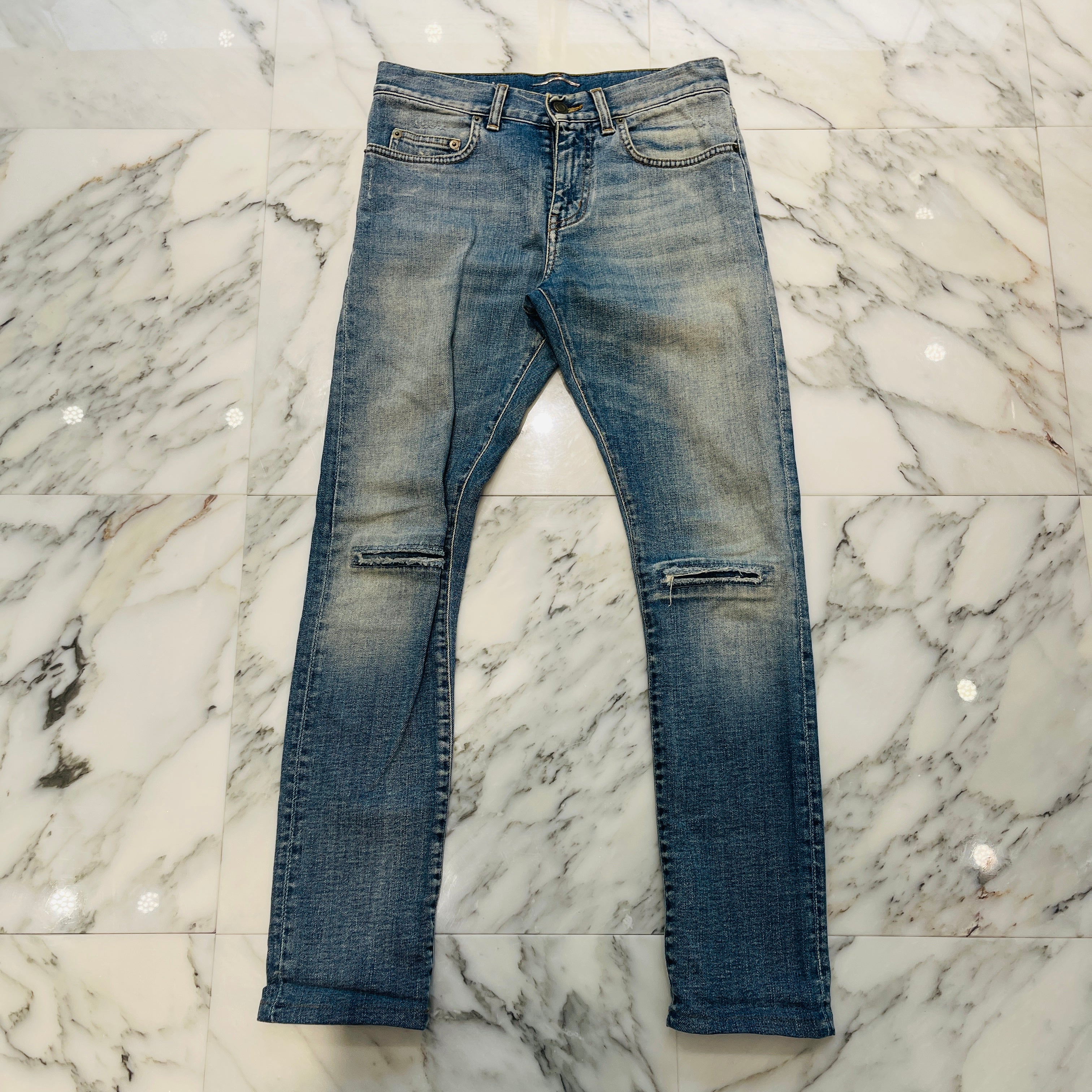 SAINT LAURENT PARIS 2015SS Knee Crash Repaired Skinny Denim Pants 379864 Y666H Size 27 サンローランパリ ニークラッシュ リペア加工 スキニー デニムパンツ サイズ27