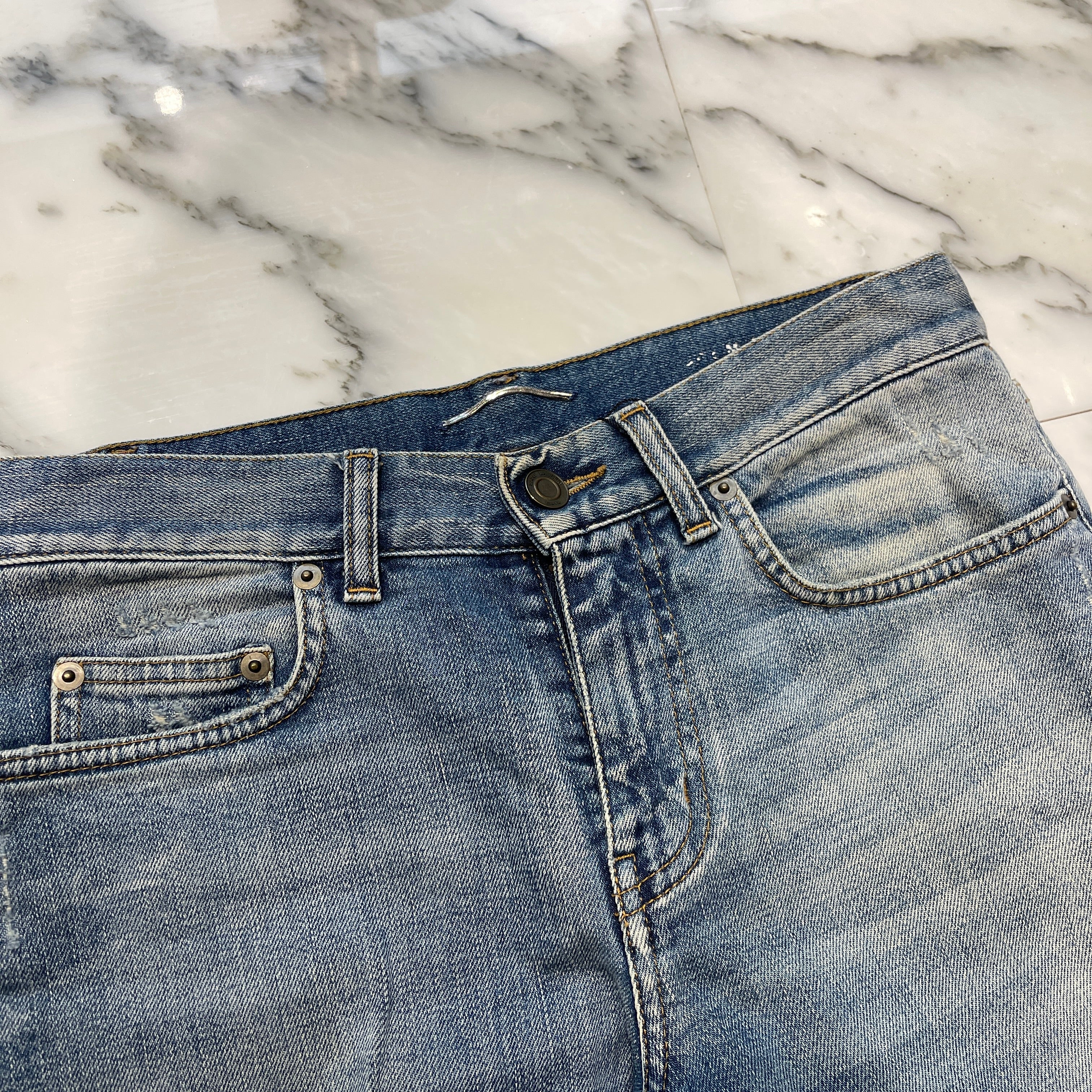 SAINT LAURENT PARIS 2015SS Knee Crash Repaired Skinny Denim Pants 379864 Y666H Size 27 サンローランパリ ニークラッシュ リペア加工 スキニー デニムパンツ サイズ27