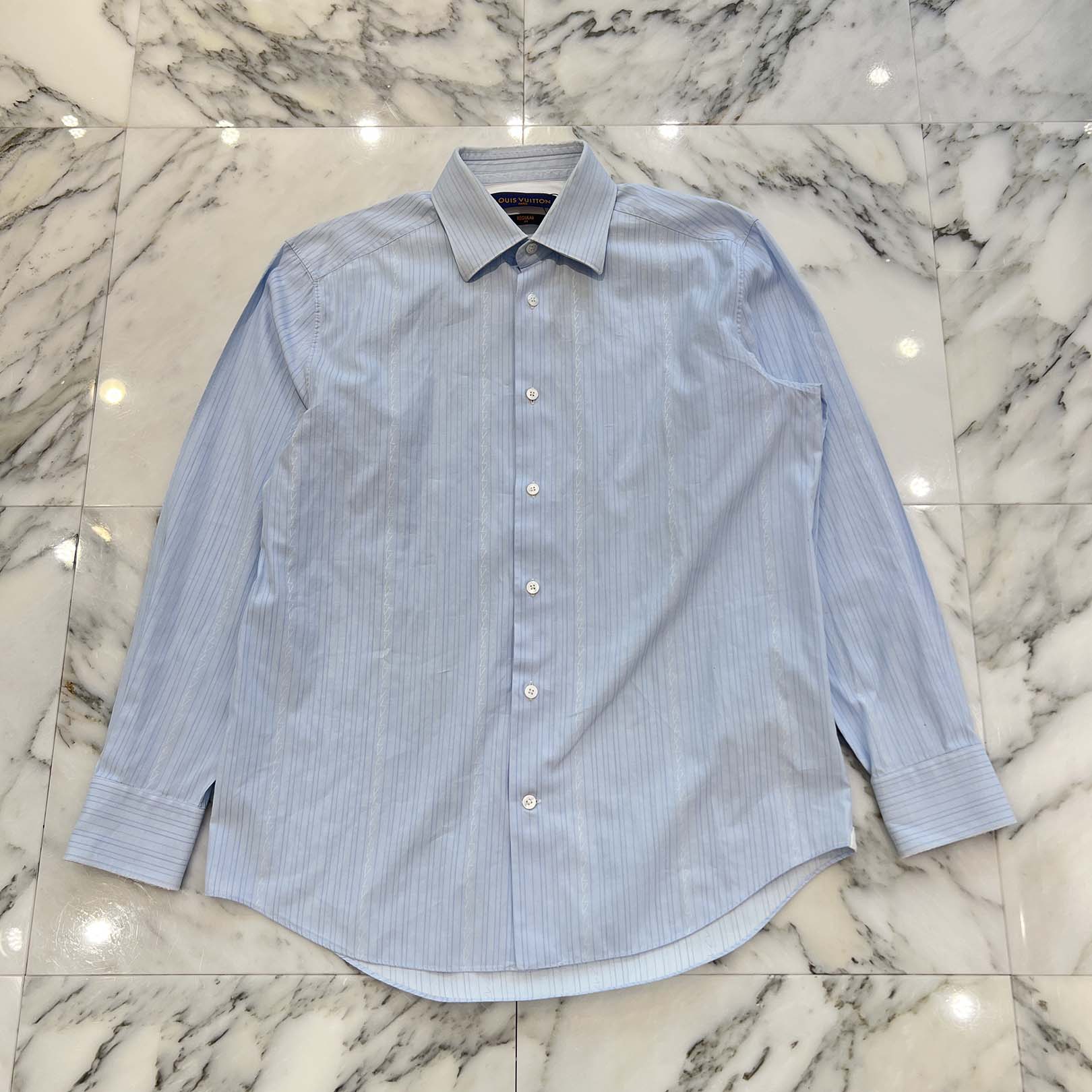 LOUIS VUITTON LV Logo Striped Long Sleeve Shirt HJS9PW Size 40/15 3/4 ルイヴィトン LVロゴ ストライプ 長袖シャツ サイズ40/15 3/4