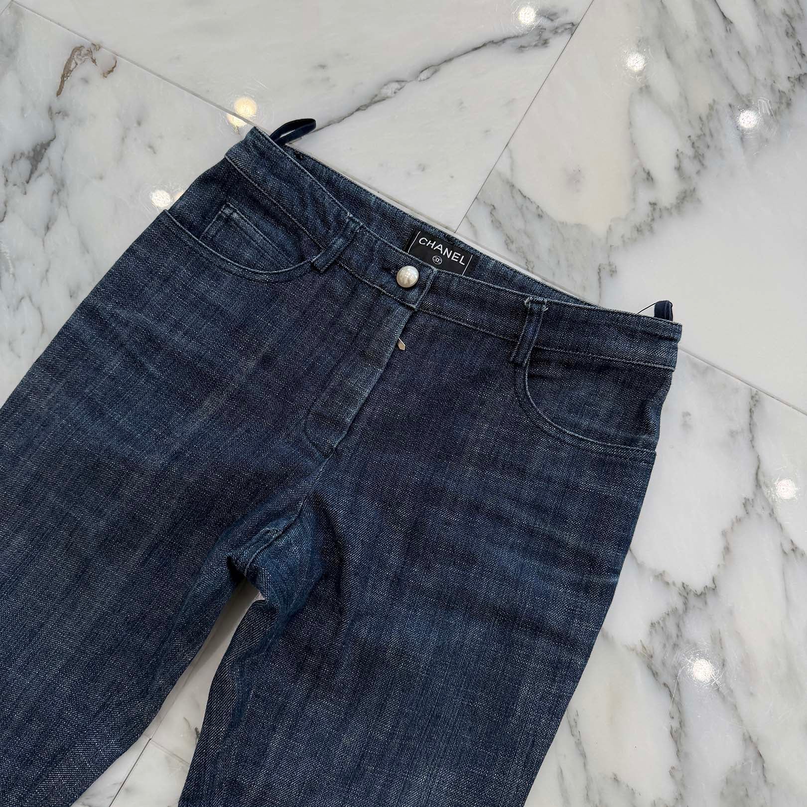 CHANEL Coco Mark Rhinestone Denim Pants P25297V16033 Size 34