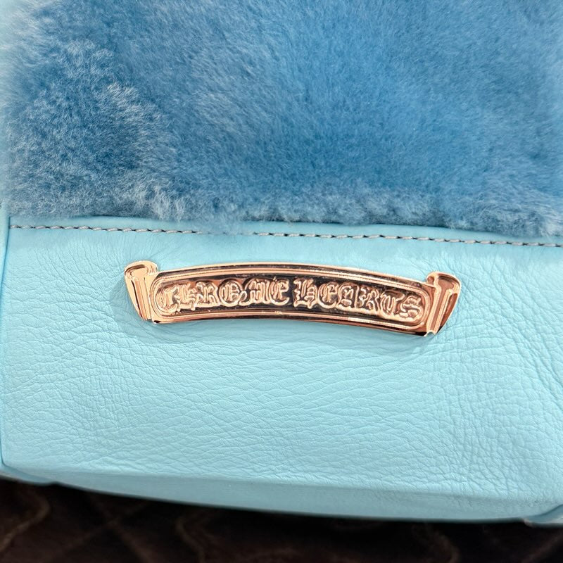 CHROME HEARTS Blue 3 Cemetery Cross Patch Fur Leather Tote Mini