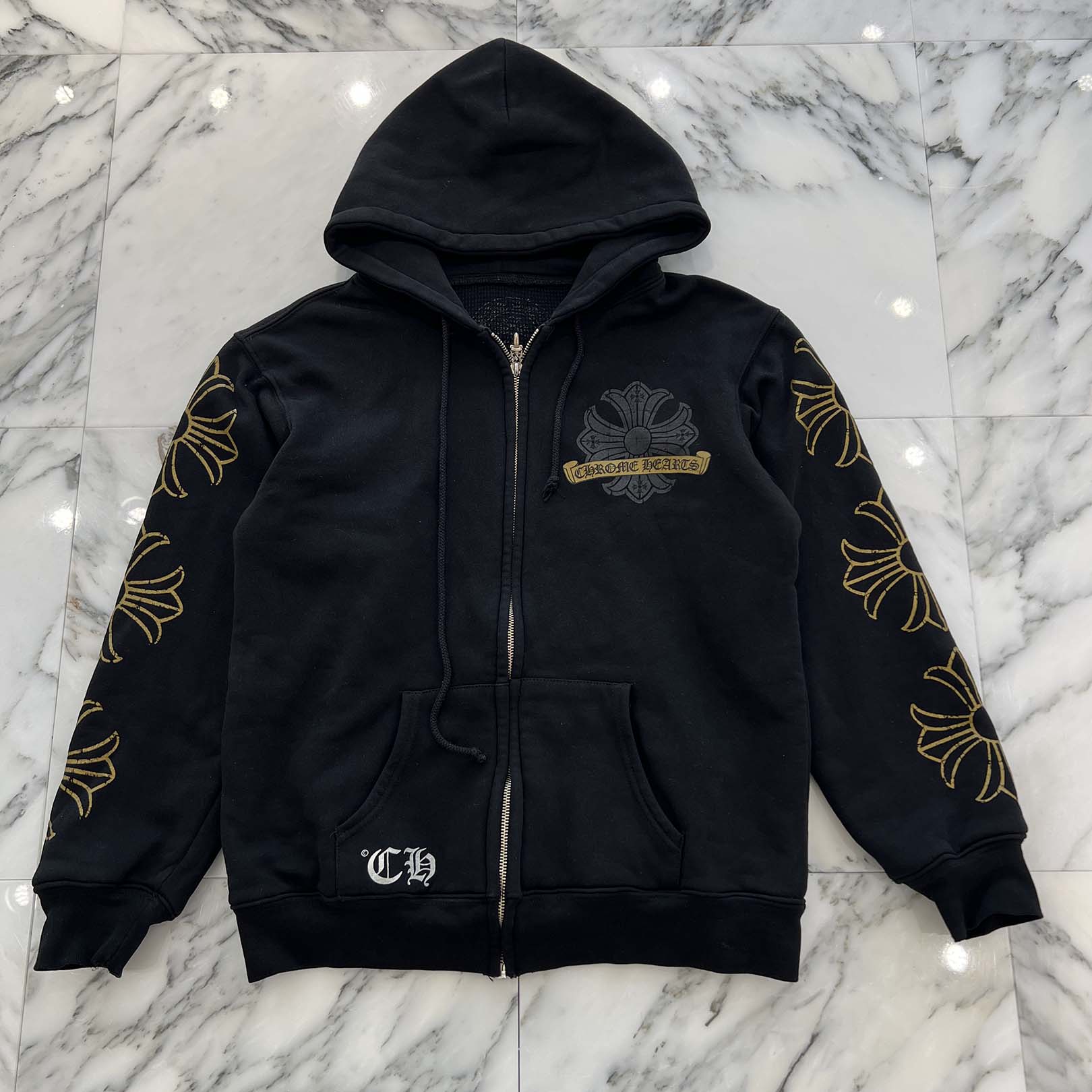 CHROME HEARTS CH Plus Gold Horseshoe Print Zip Up Hoodie Size M クロムハーツ CHプラス ゴールド ホースシュー プリント ジップアップフーディー サイズM