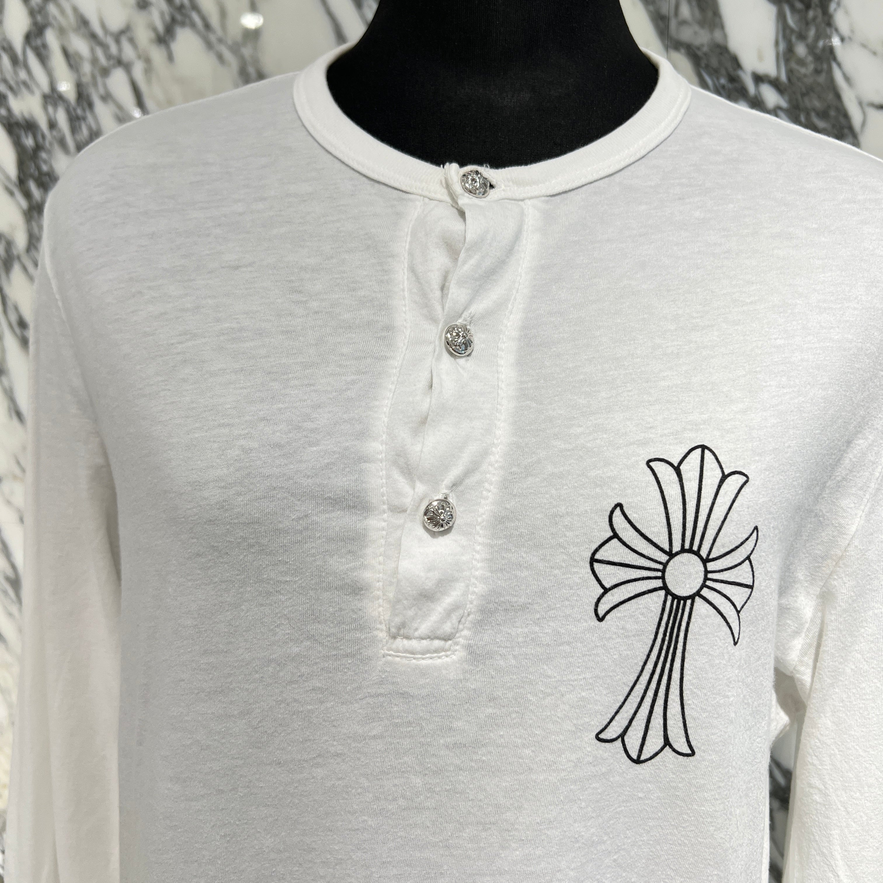 CHROME HEARTS Cross Ball Button CH Cross Print Long Sleeve Polo Tee Size S クロムハーツ クロスボールボタン CHクロス プリント ロングスリーブ ポロTシャツ サイズS