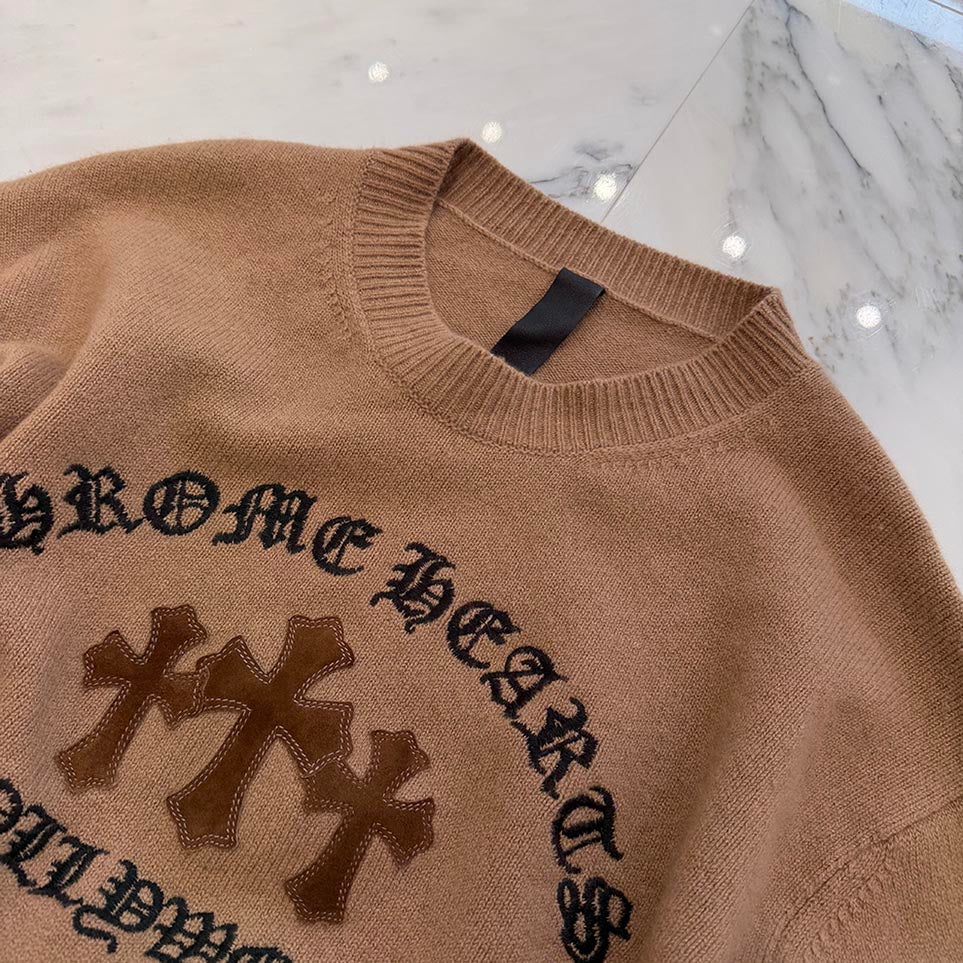 CHROME HEARTS Y NOT King Taco 3 Cemetery Cross Leather Patch Cashmere Knit Crew Neck Sweater Size L クロムハーツ ワイノット キングタコ 3セメタリークロスレザーパッチ カシミアニット セーター サイズL