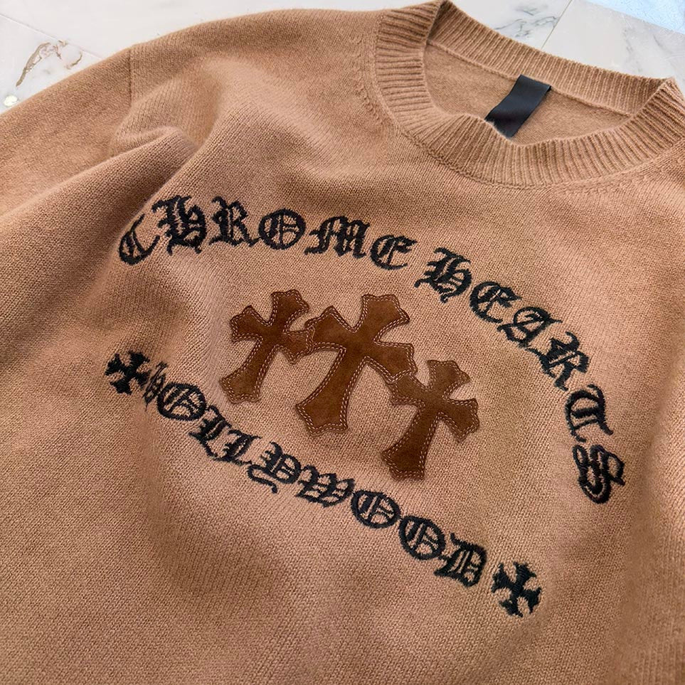 CHROME HEARTS Y NOT King Taco 3 Cemetery Cross Leather Patch Cashmere Knit Crew Neck Sweater Size L クロムハーツ ワイノット キングタコ 3セメタリークロスレザーパッチ カシミアニット セーター サイズL