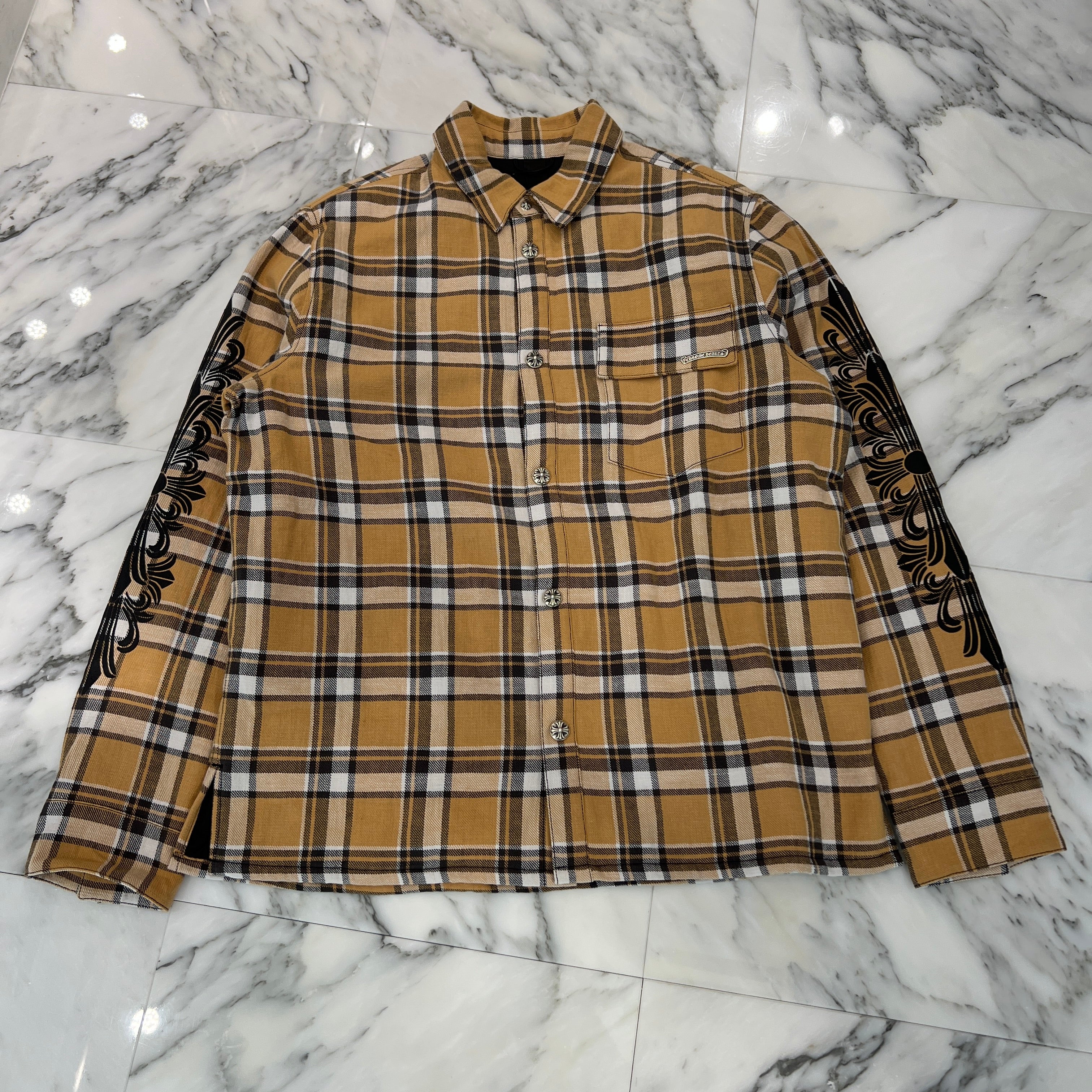 CHROME HEARTS Y NOT WORK DOG Floral Cross Print Flannel Check Jacket Size L クロムハーツ ワイノット ワークドッグ フローラルクロスプリント フランネル チェック ジャケット サイズL