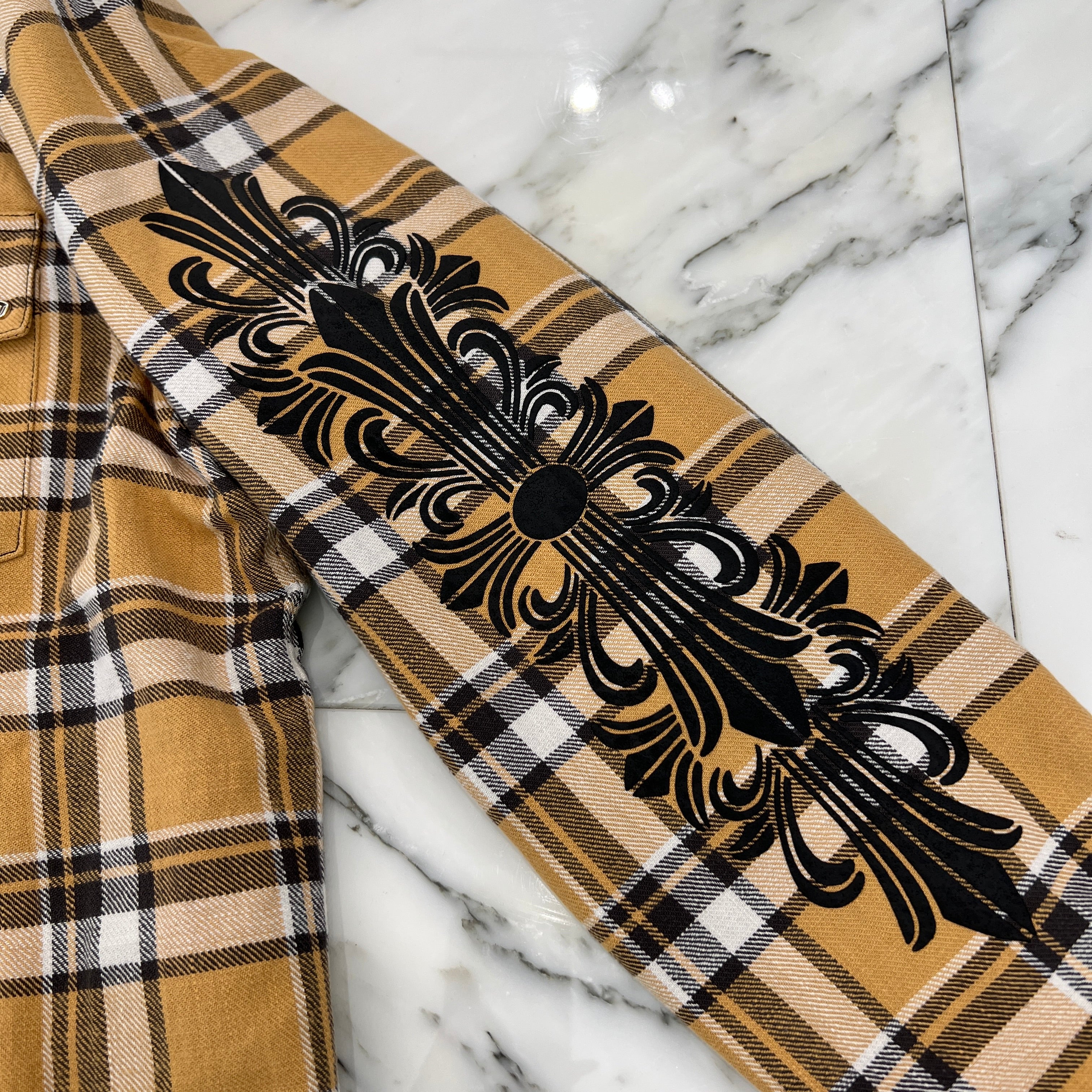 CHROME HEARTS Y NOT WORK DOG Floral Cross Print Flannel Check Jacket Size XXL クロムハーツ ワイノット ワークドッグ フローラルクロスプリント フランネル チェック ジャケット サイズXXL