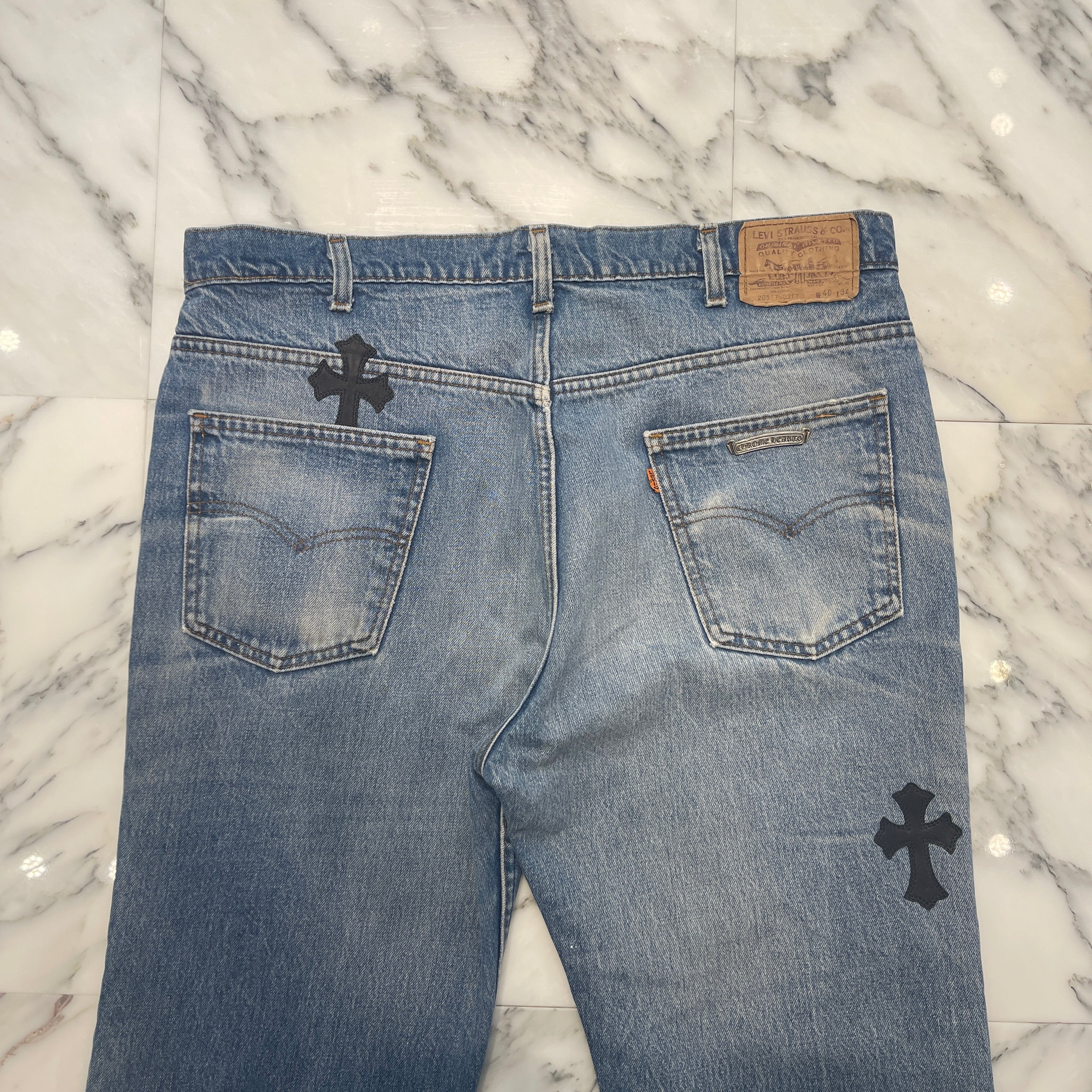 CHROME HEARTS × Levi's 505 VNTG Cemetery Cross Leather Patch Denim Pants Size 38 クロムハーツ × リーバイス 505 ヴィンテージ セメタリークロスレザーパッチ デニムパンツ サイズ38
